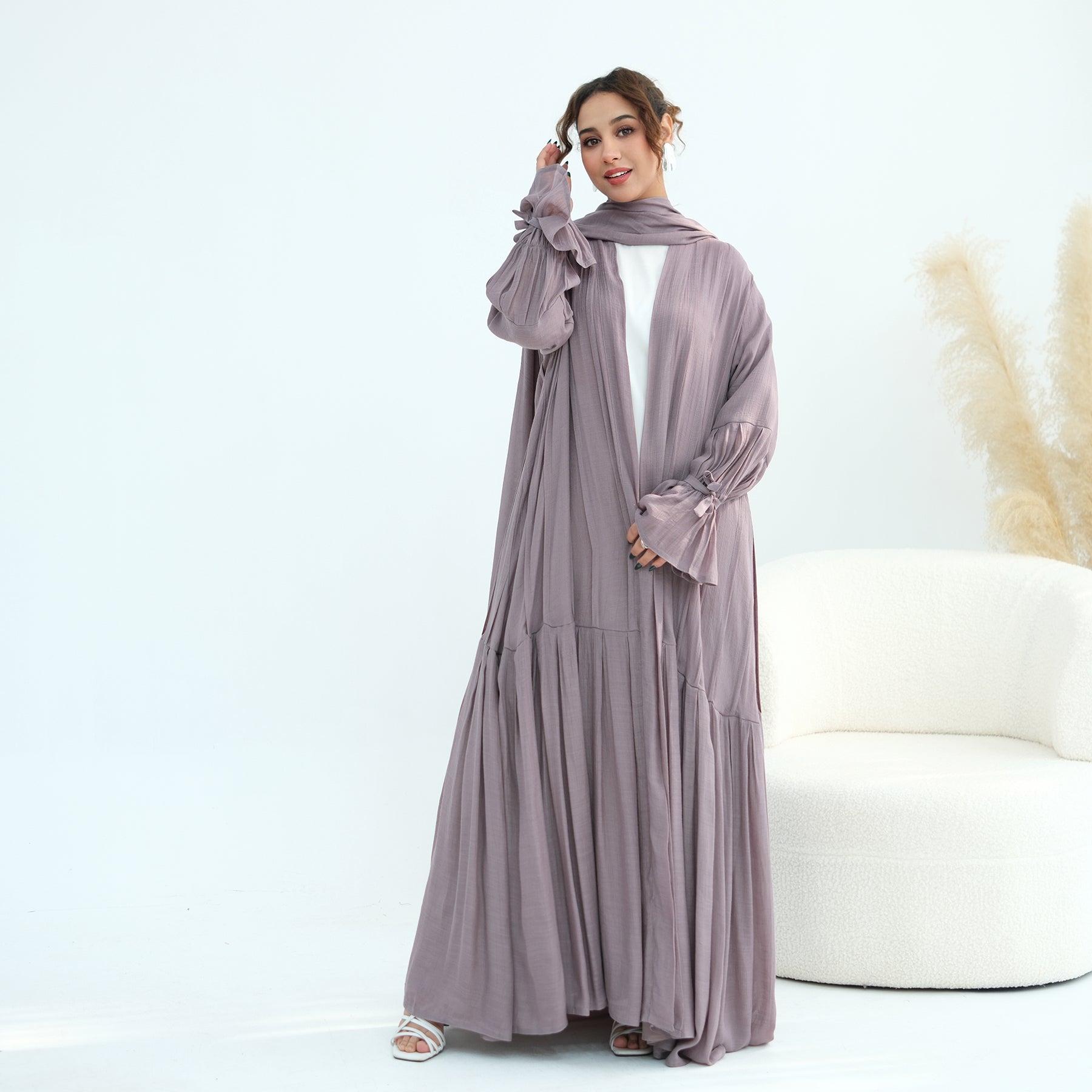 Loriya pleated cardigan with lining + scarf two-piece set LR1139, elegant and commuting style