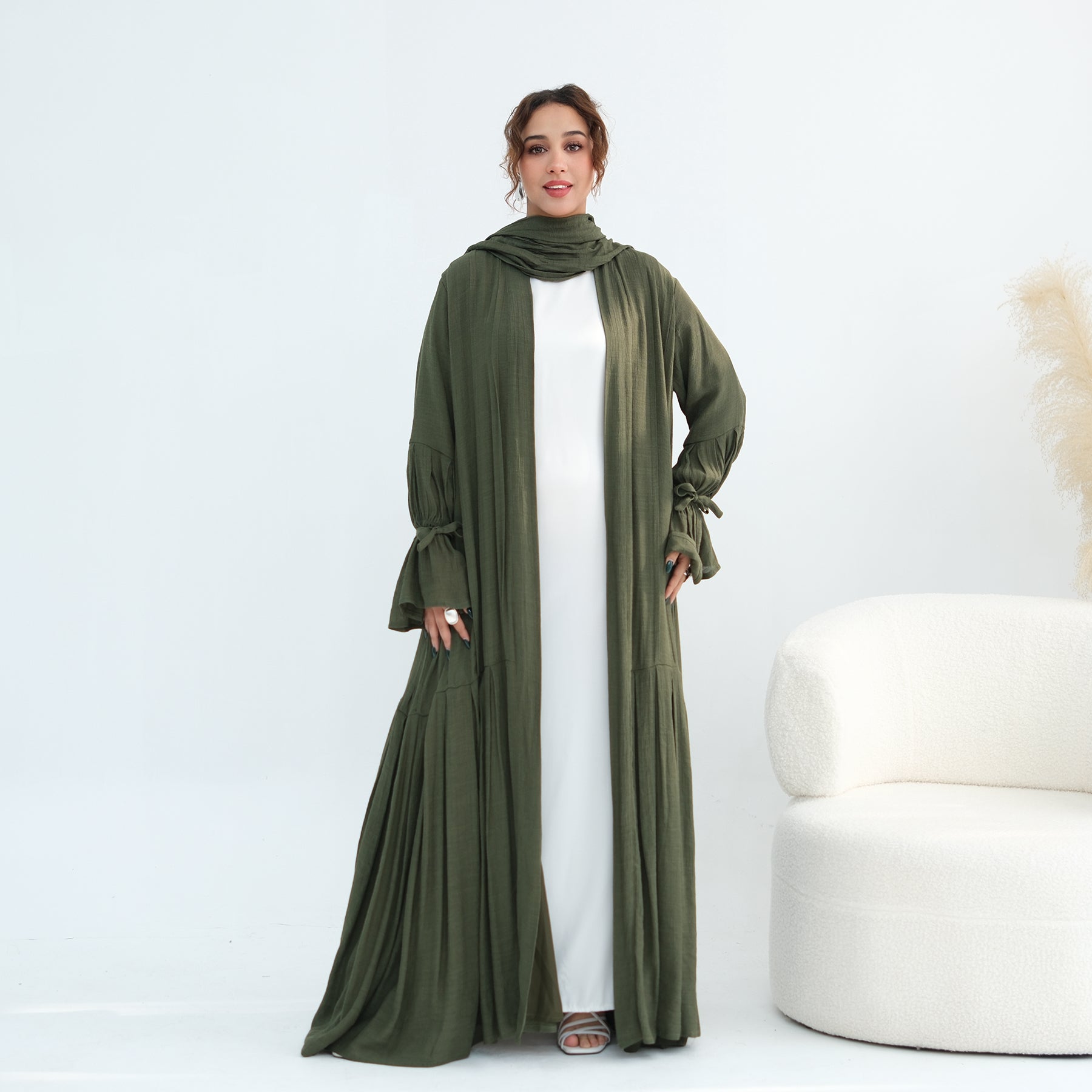 Loriya pleated cardigan with lining + scarf two-piece set LR1139, elegant and commuting style