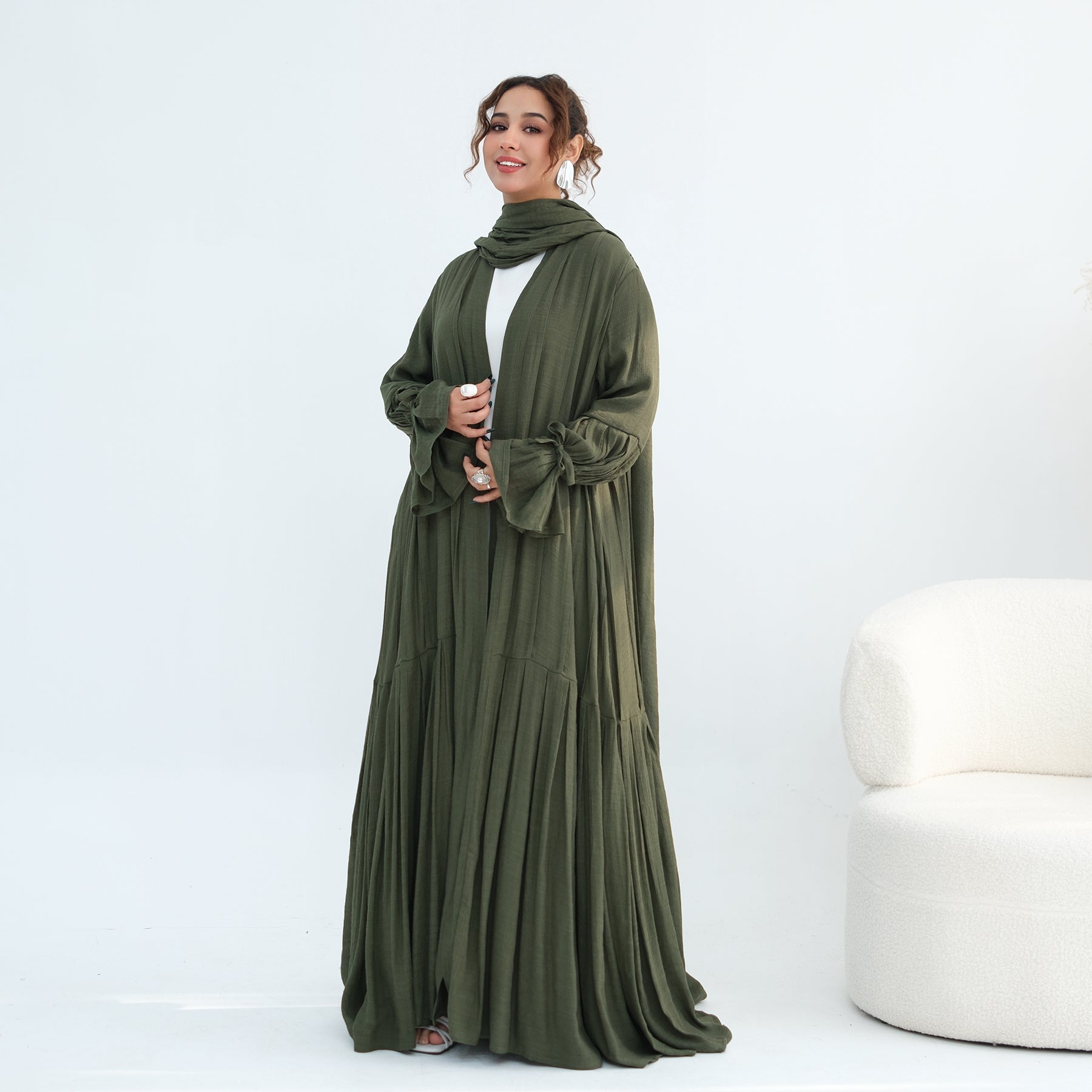 Loriya pleated cardigan with lining + scarf two-piece set LR1139, elegant and commuting style