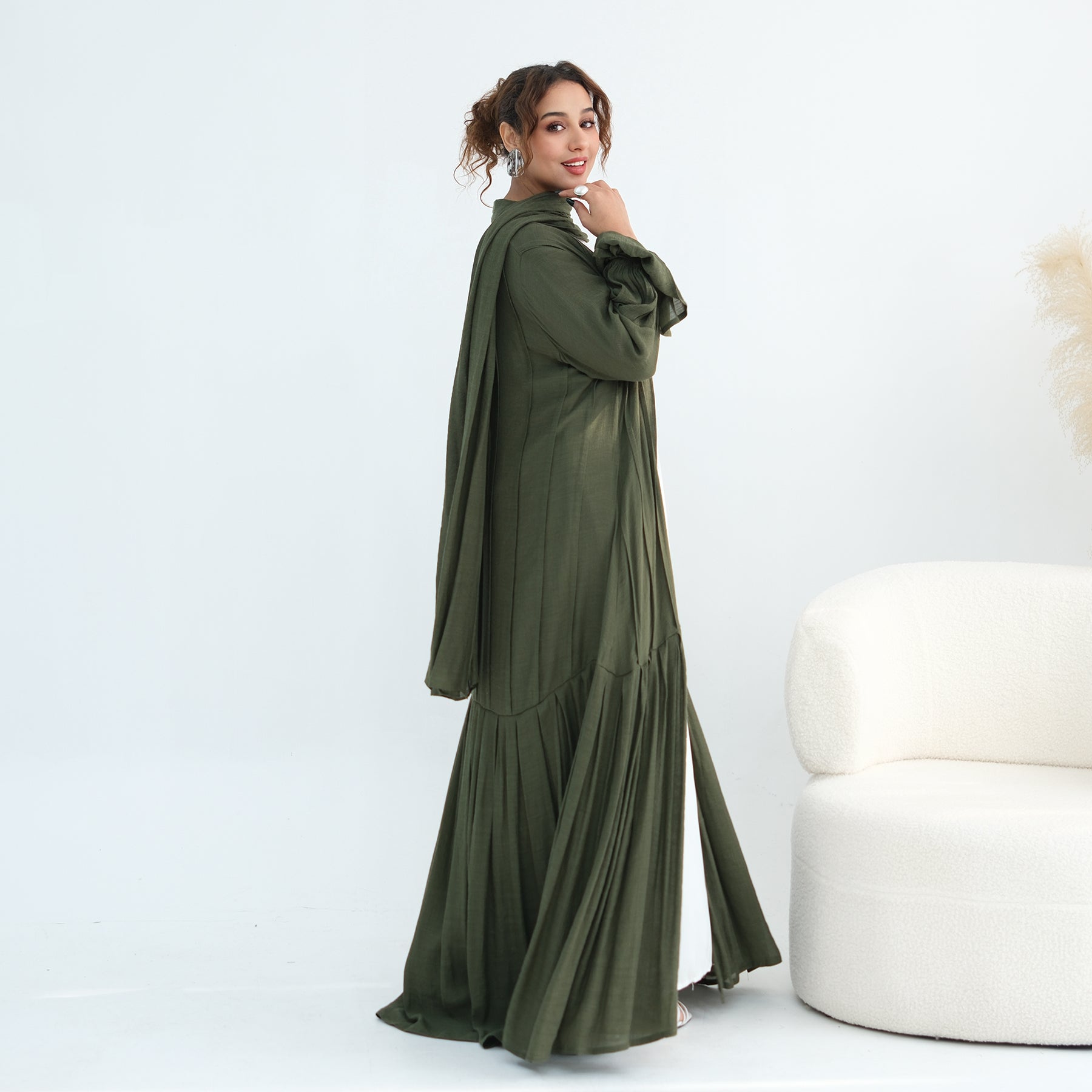 Loriya pleated cardigan with lining + scarf two-piece set LR1139, elegant and commuting style