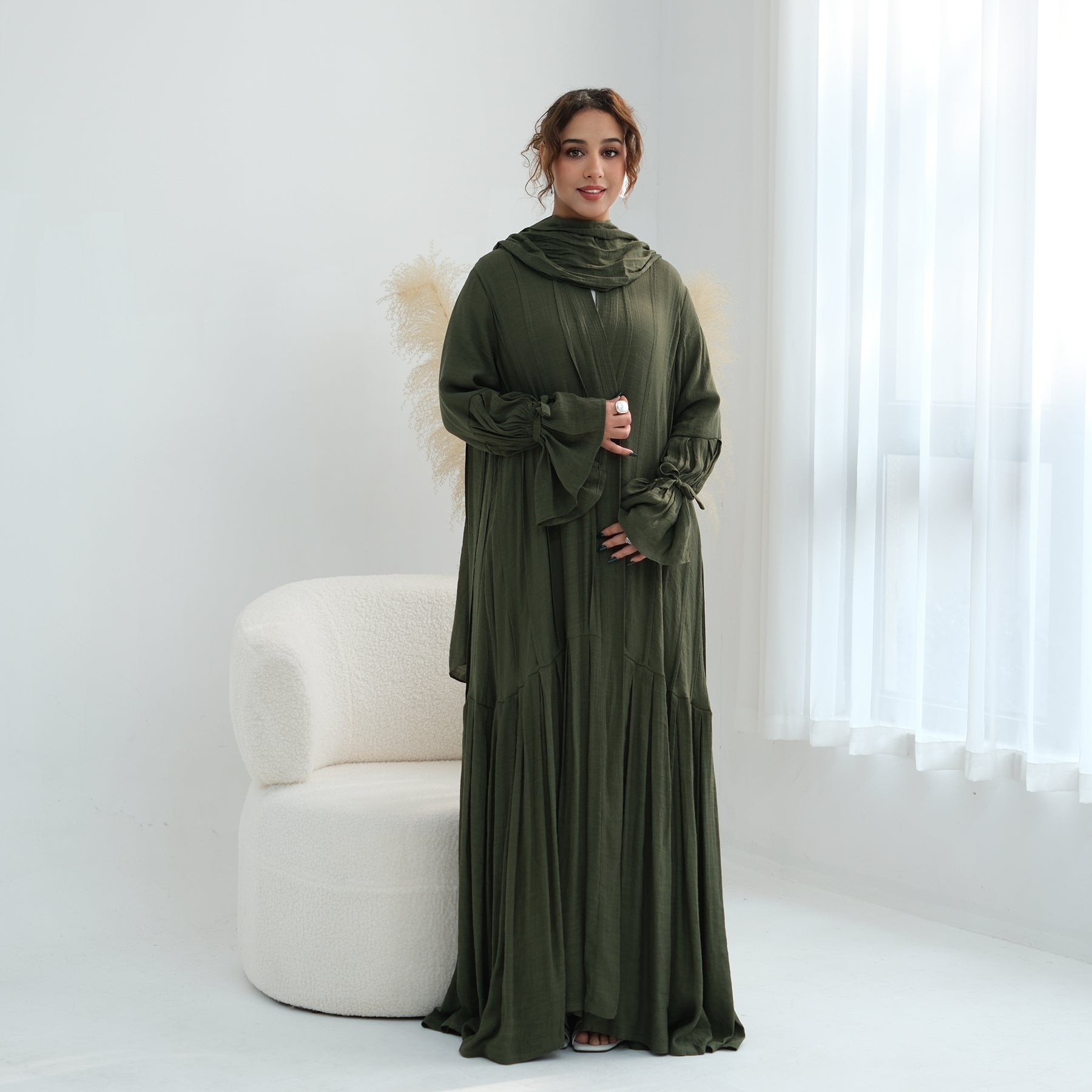 Loriya pleated cardigan with lining + scarf two-piece set LR1139, elegant and commuting style