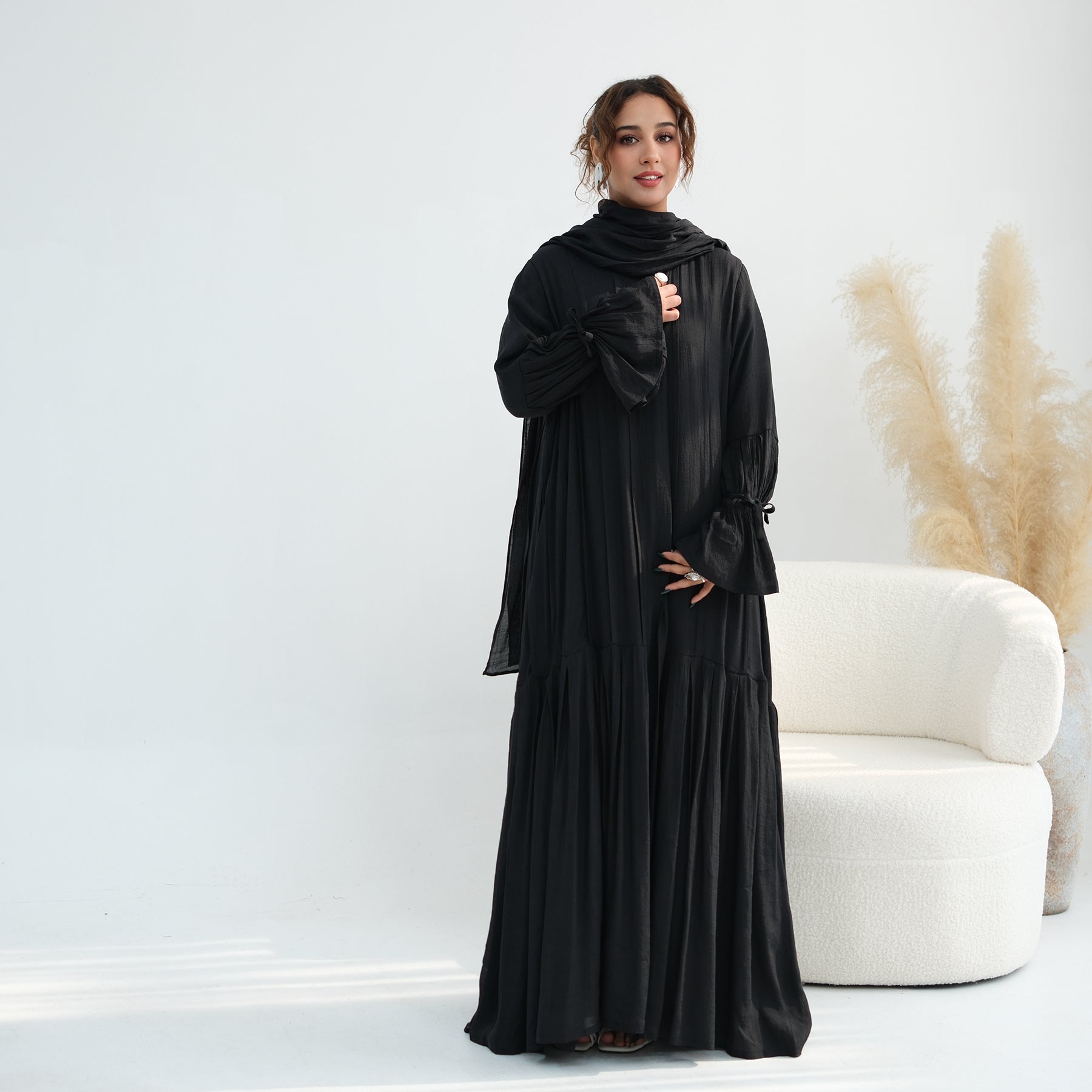 Loriya pleated cardigan with lining + scarf two-piece set LR1139, elegant and commuting style
