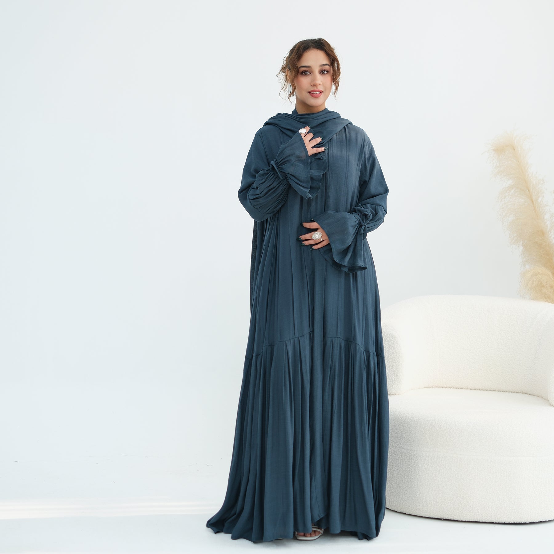 Loriya pleated cardigan with lining + scarf two-piece set LR1139, elegant and commuting style