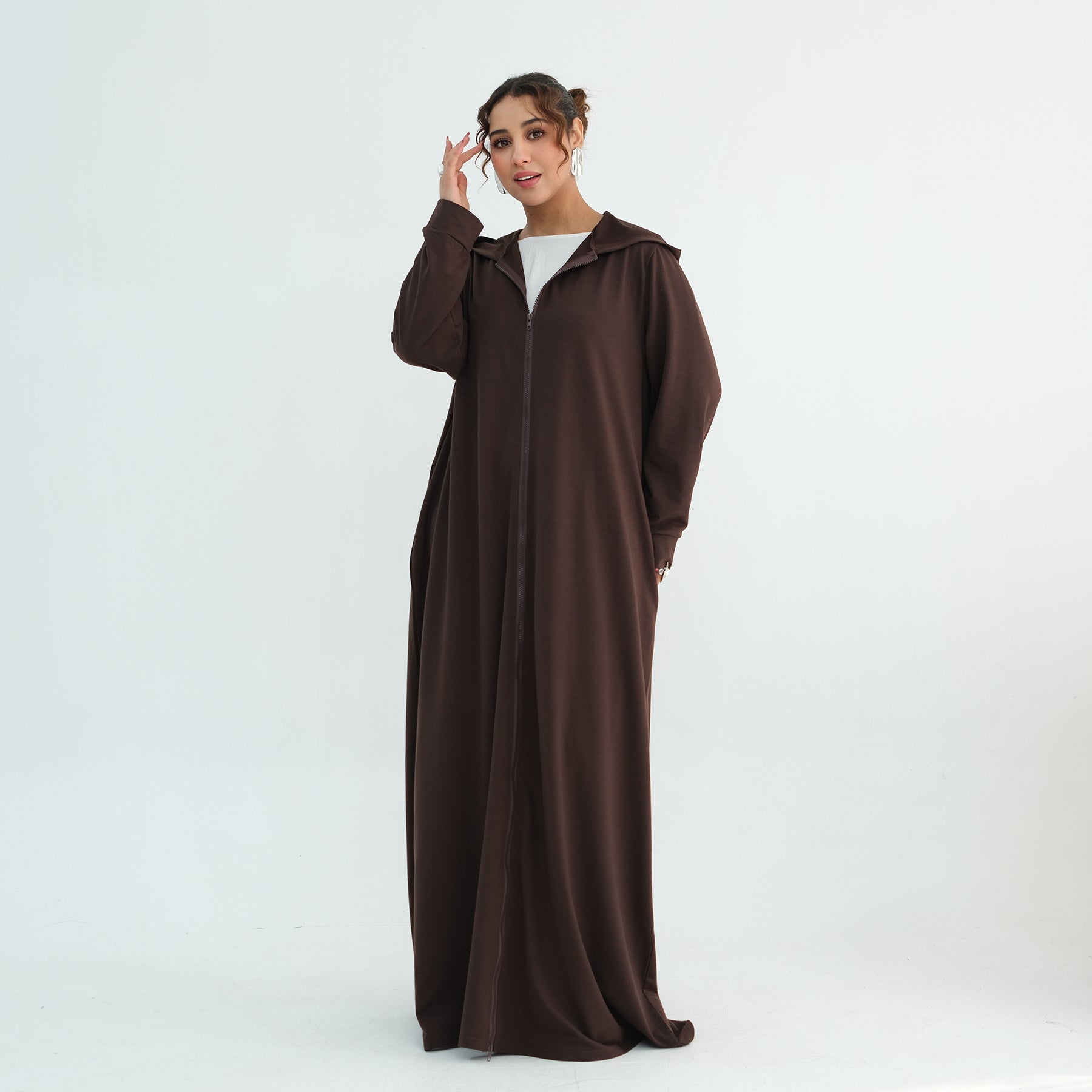 Loriya pure color long zipper hooded cardigan LR1160