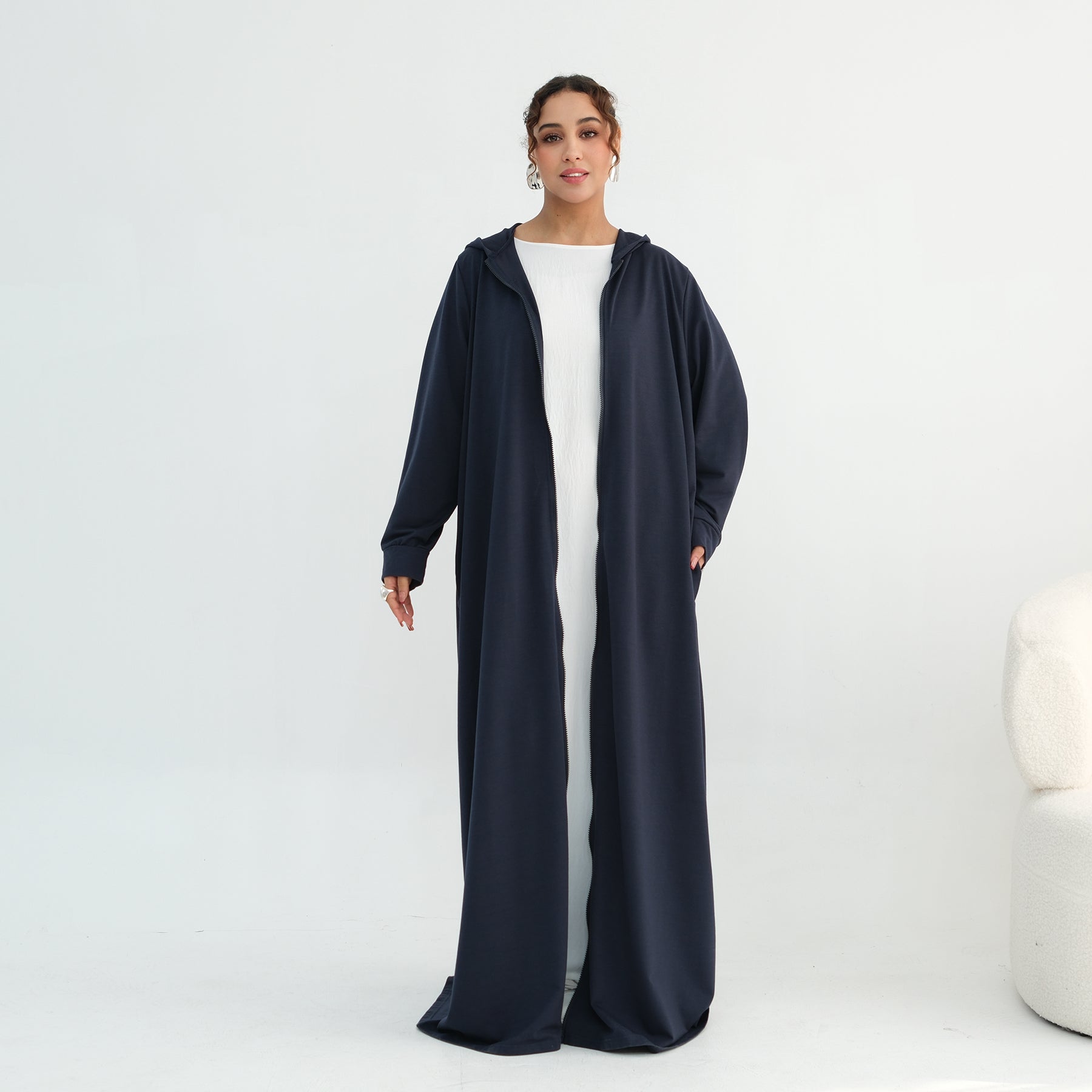 Loriya pure color long zipper hooded cardigan LR1160