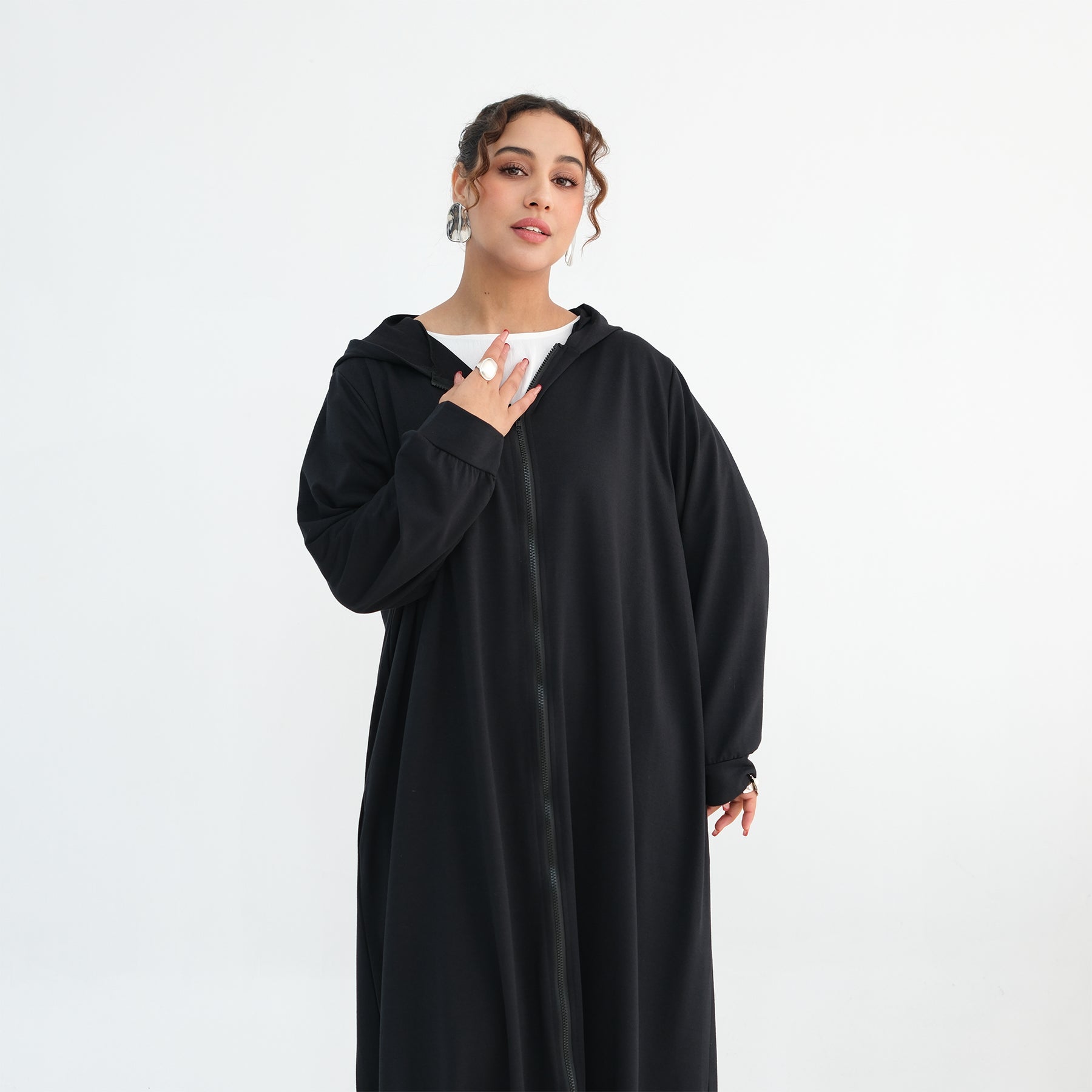 Loriya pure color long zipper hooded cardigan LR1160