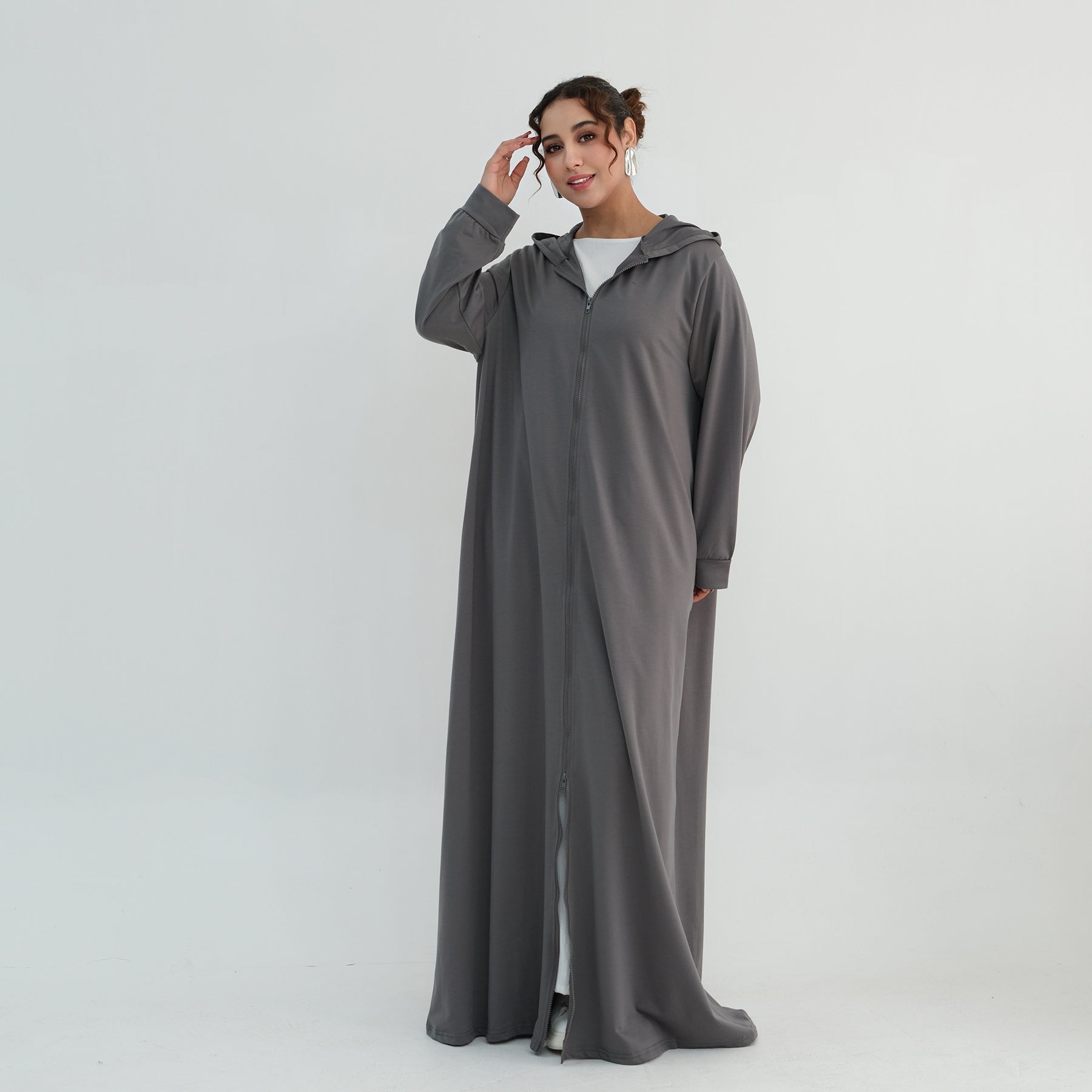 Loriya pure color long zipper hooded cardigan LR1160