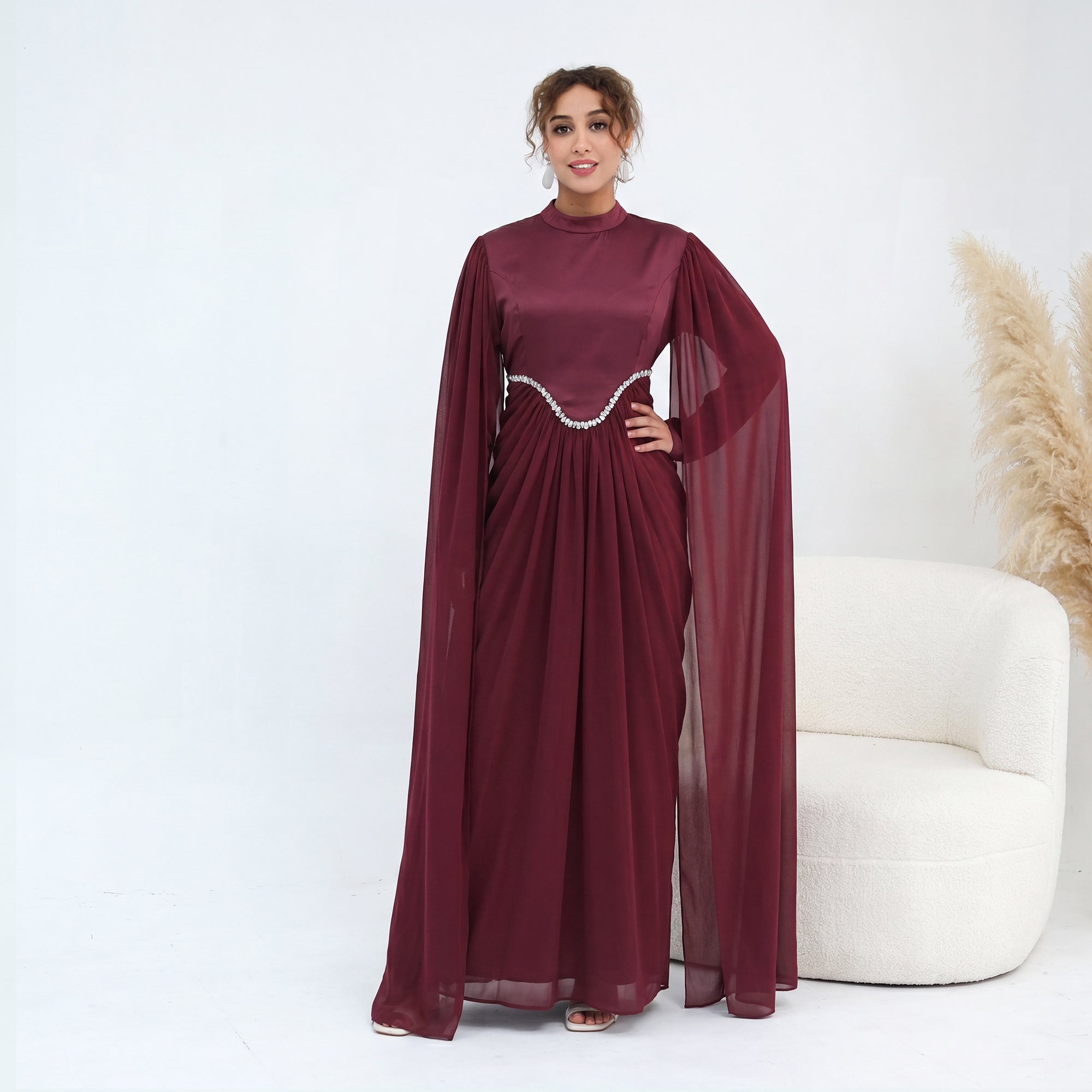 Long-sleeved dress with small high collar and diamond embellishment LR1168