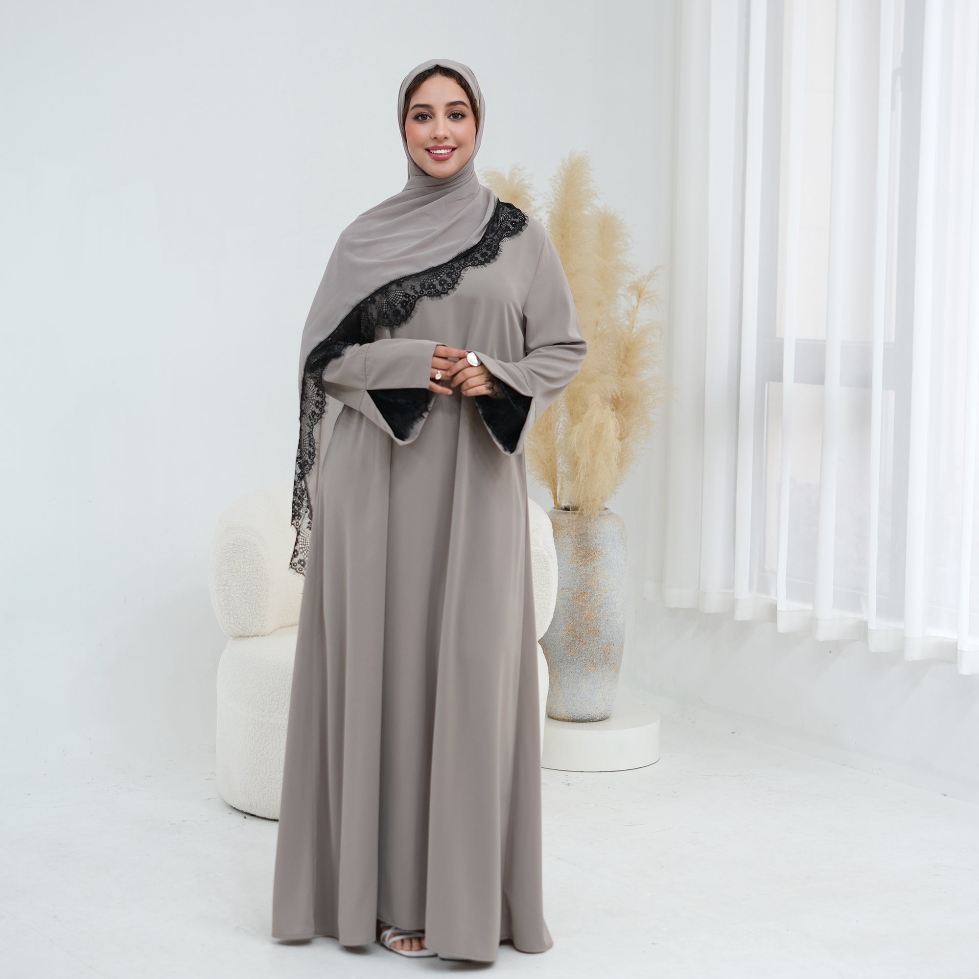 Long-sleeved lace-spliced large-size loose dress + headscarf two-piece set LR1175