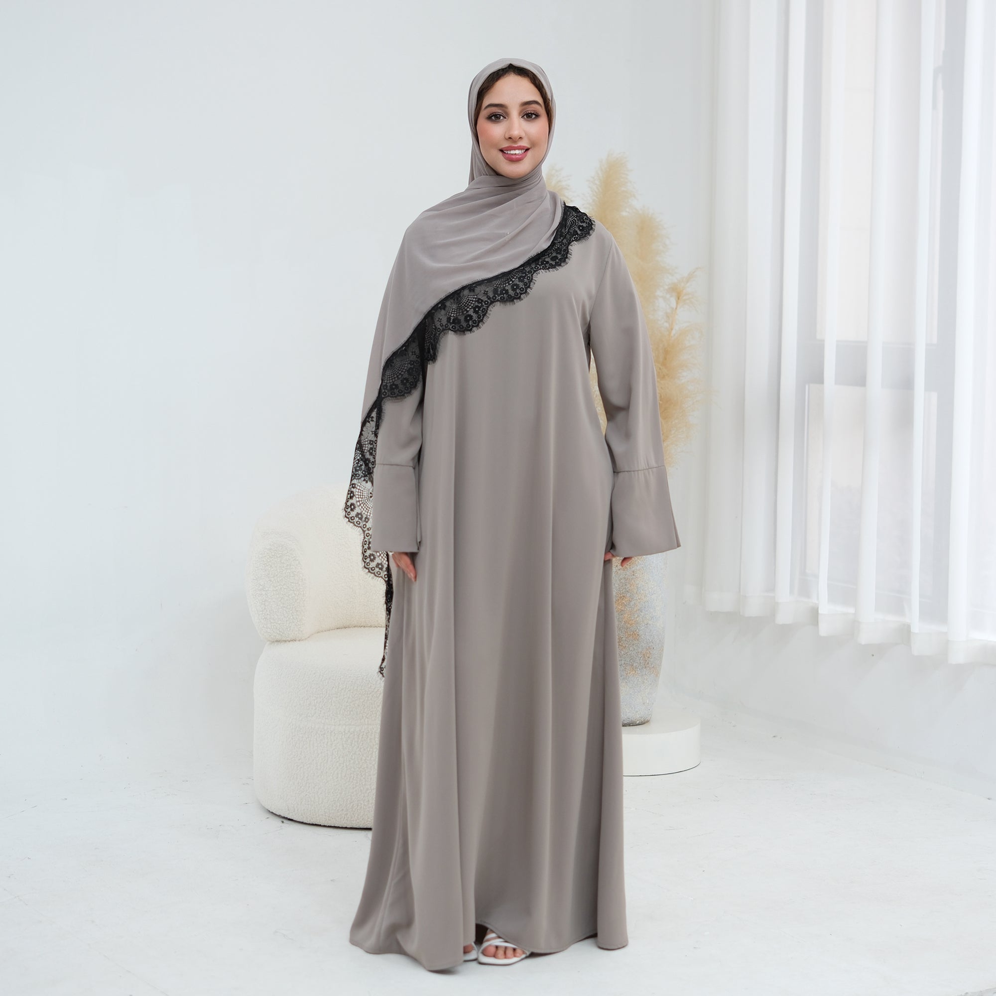Long-sleeved lace-spliced large-size loose dress + headscarf two-piece set LR1175
