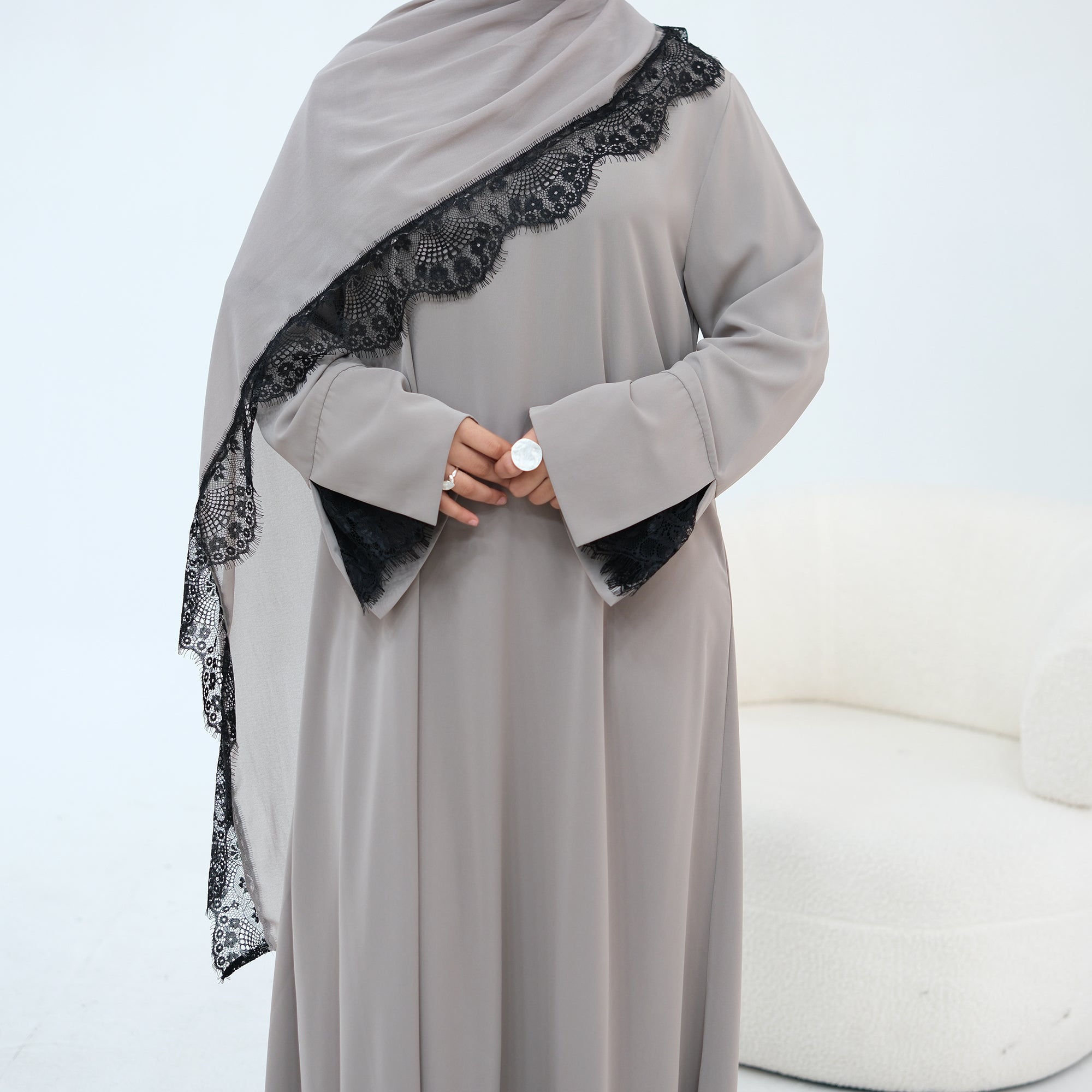 Long-sleeved lace-spliced large-size loose dress + headscarf two-piece set LR1175