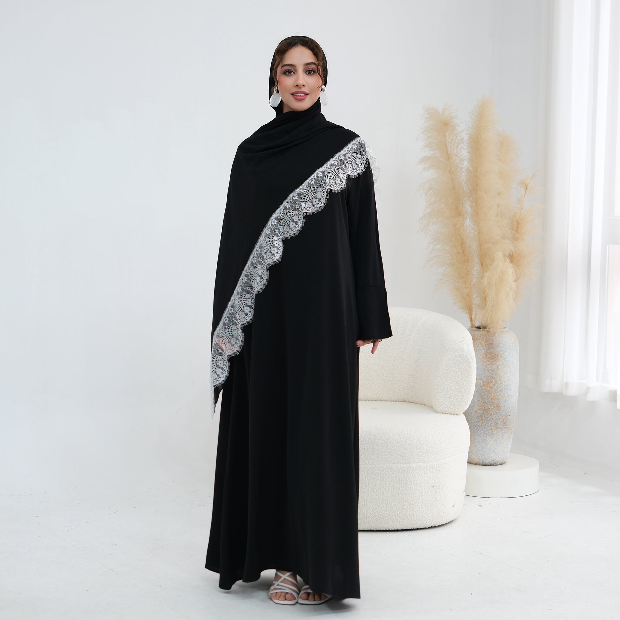 Long-sleeved lace-spliced large-size loose dress + headscarf two-piece set LR1175