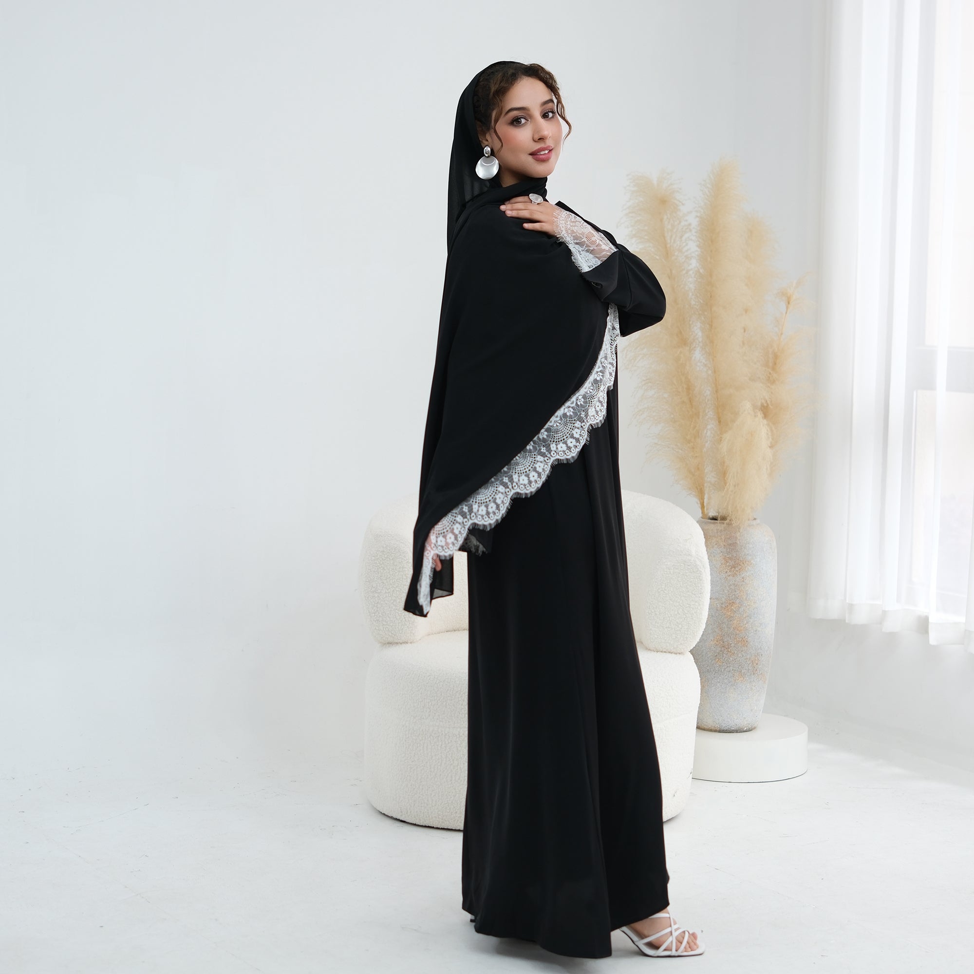 Long-sleeved lace-spliced large-size loose dress + headscarf two-piece set LR1175