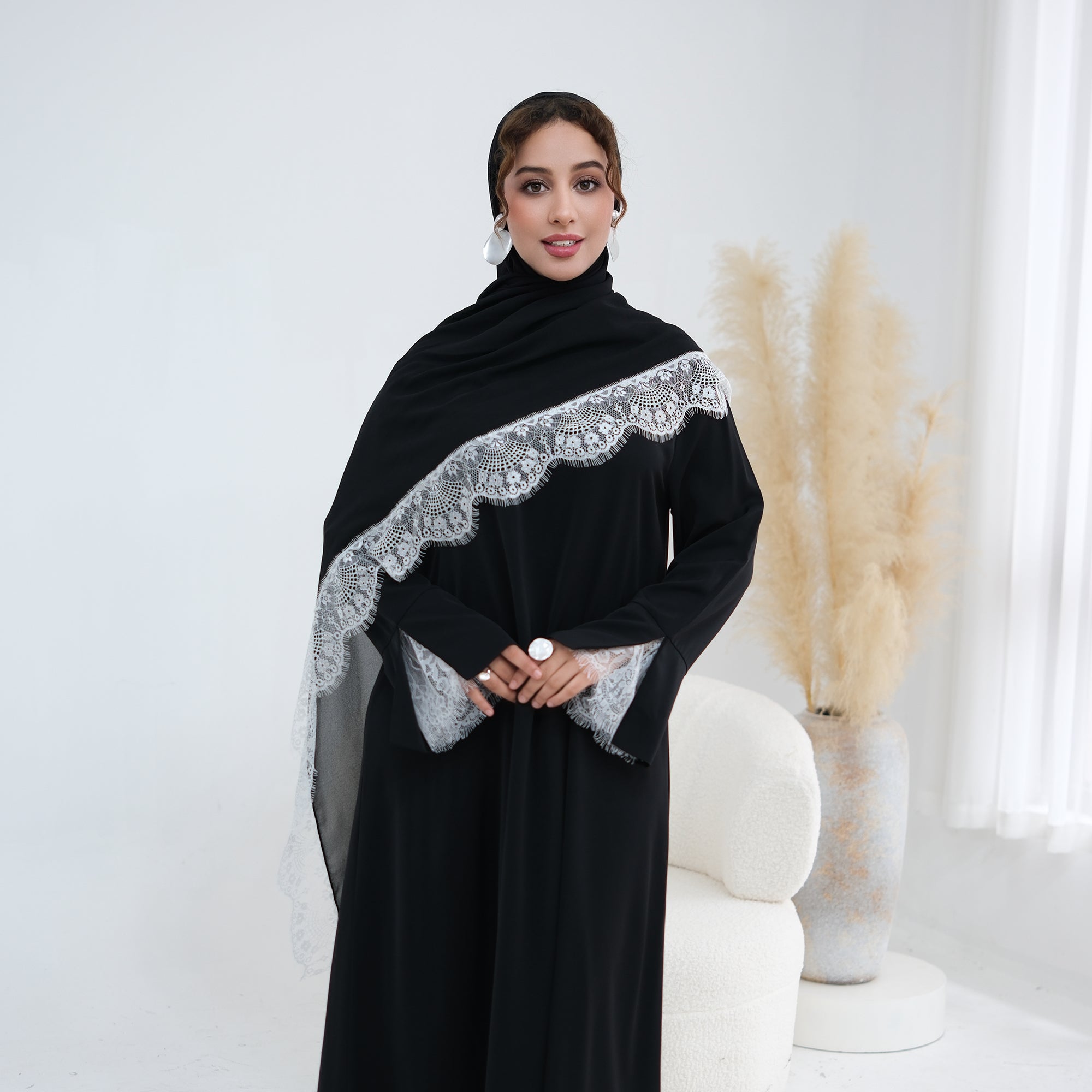 Long-sleeved lace-spliced large-size loose dress + headscarf two-piece set LR1175