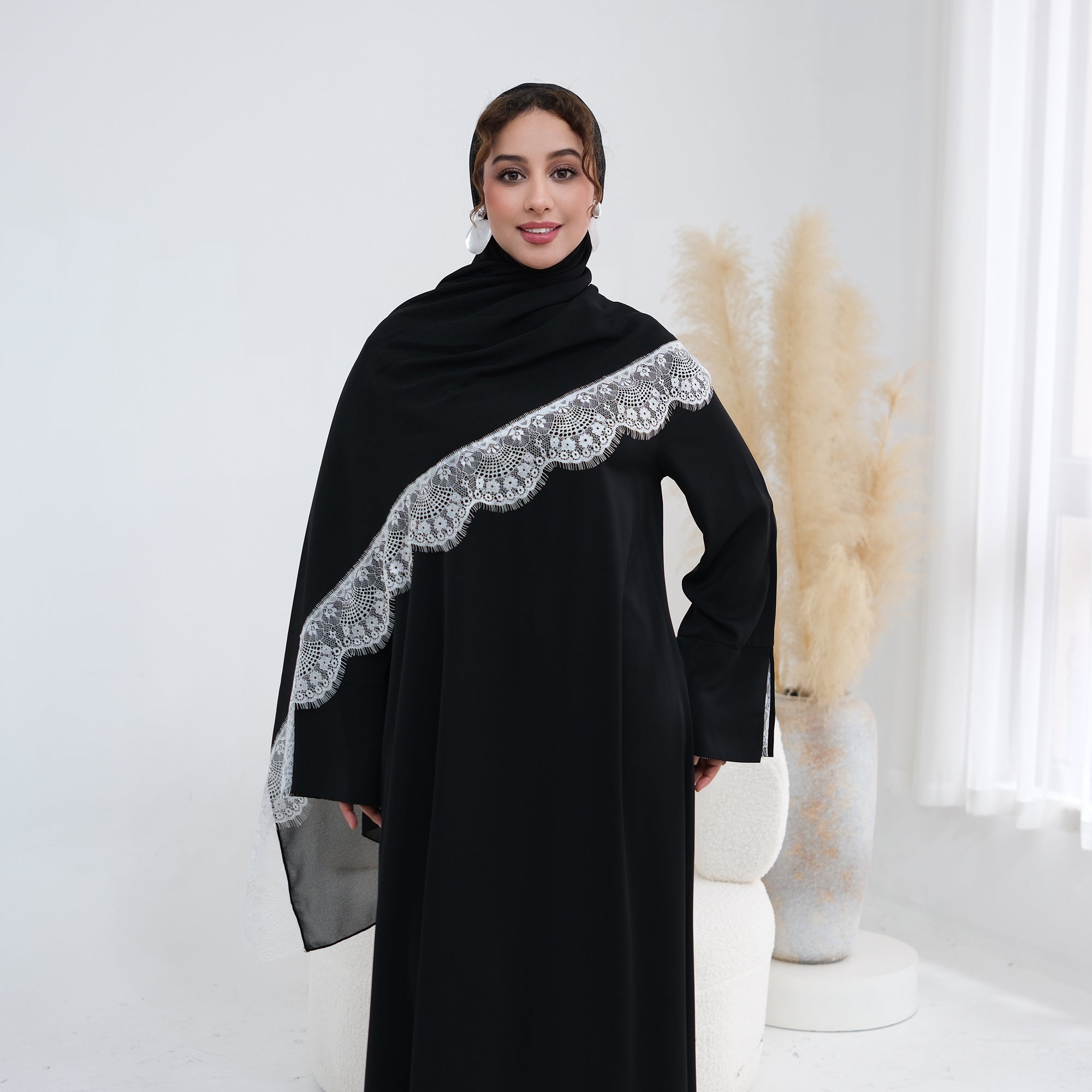 Long-sleeved lace-spliced large-size loose dress + headscarf two-piece set LR1175