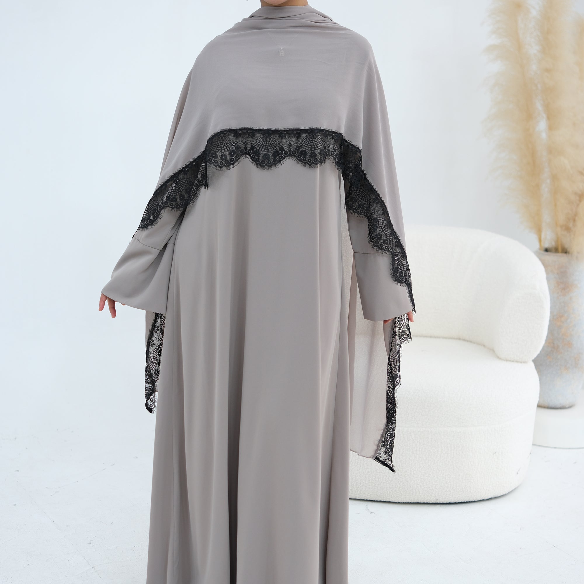 Long-sleeved lace-spliced large-size loose dress + headscarf two-piece set LR1175