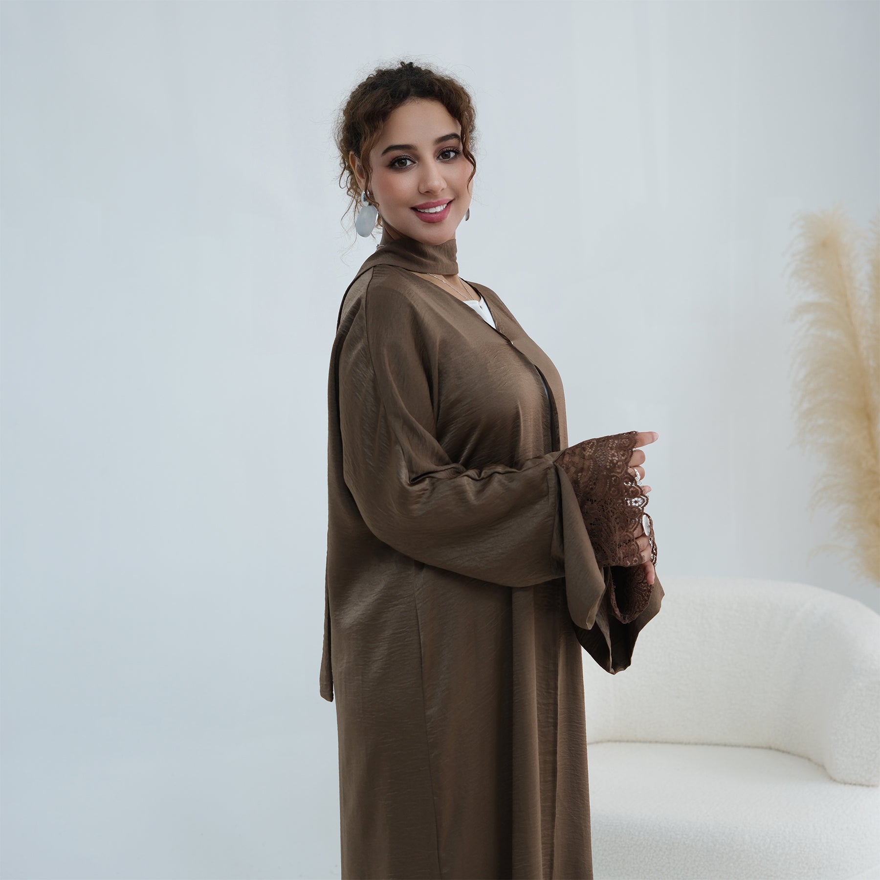 Large size long-sleeved cardigan with lace trim on the cuffs LR1181,without a headscarf