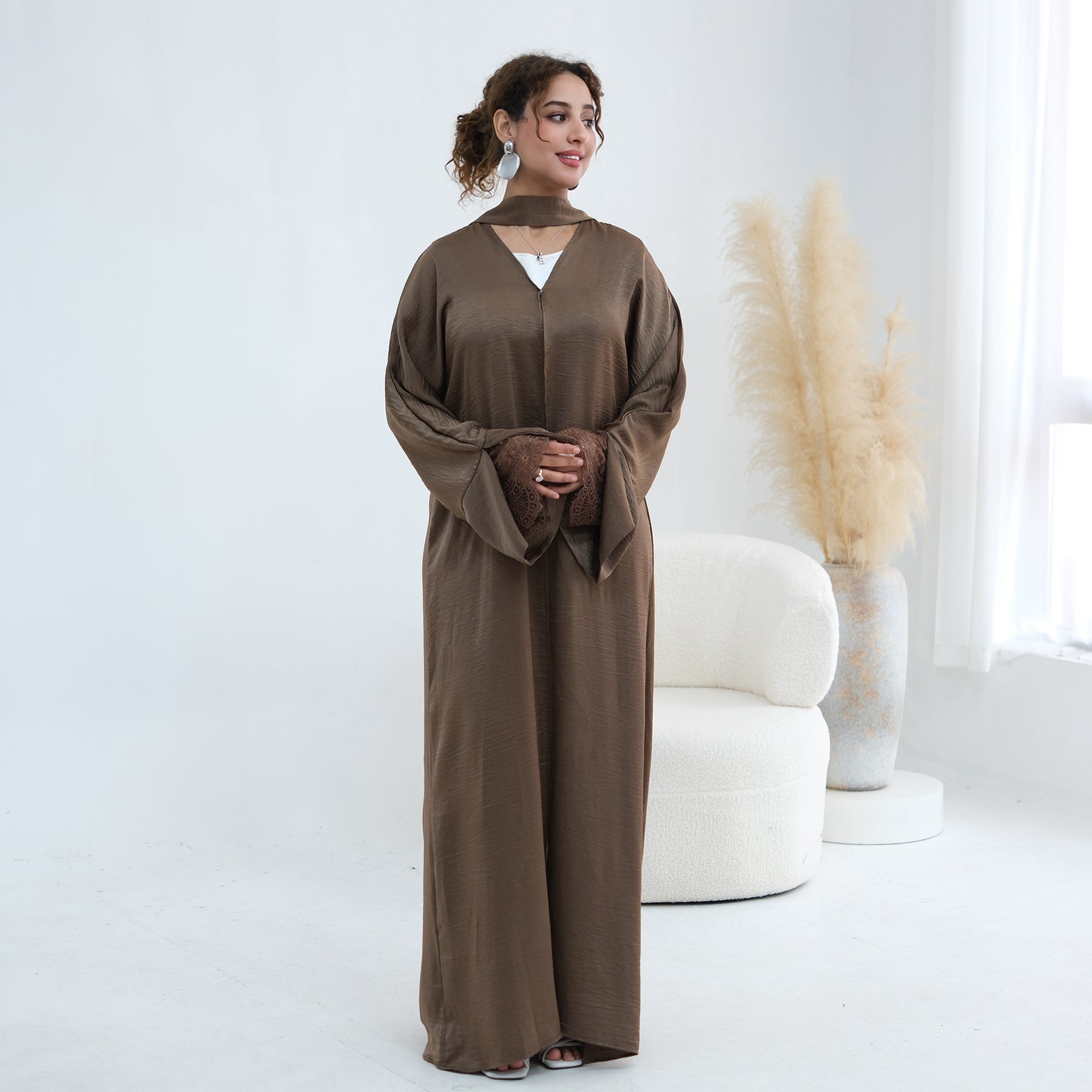 Large size long-sleeved cardigan with lace trim on the cuffs LR1181,without a headscarf