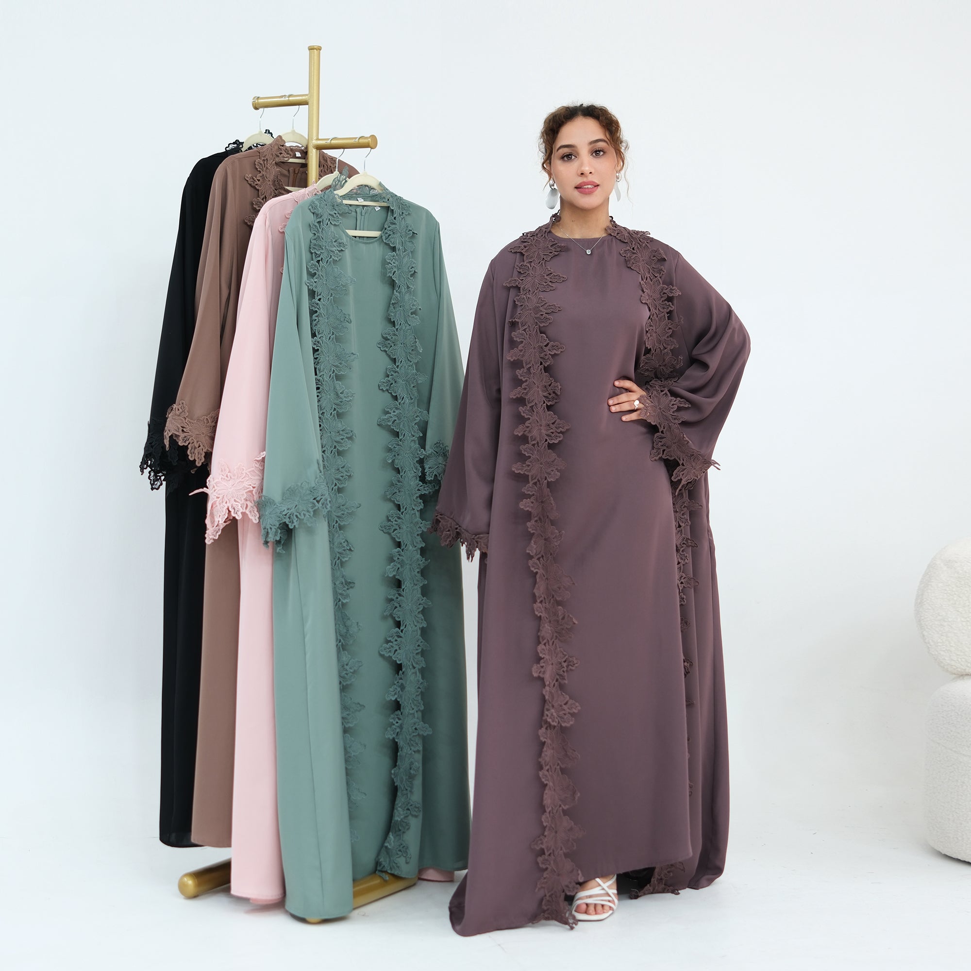 Two-piece set: large-size lace-spliced cardigan + matching dress, LR1184