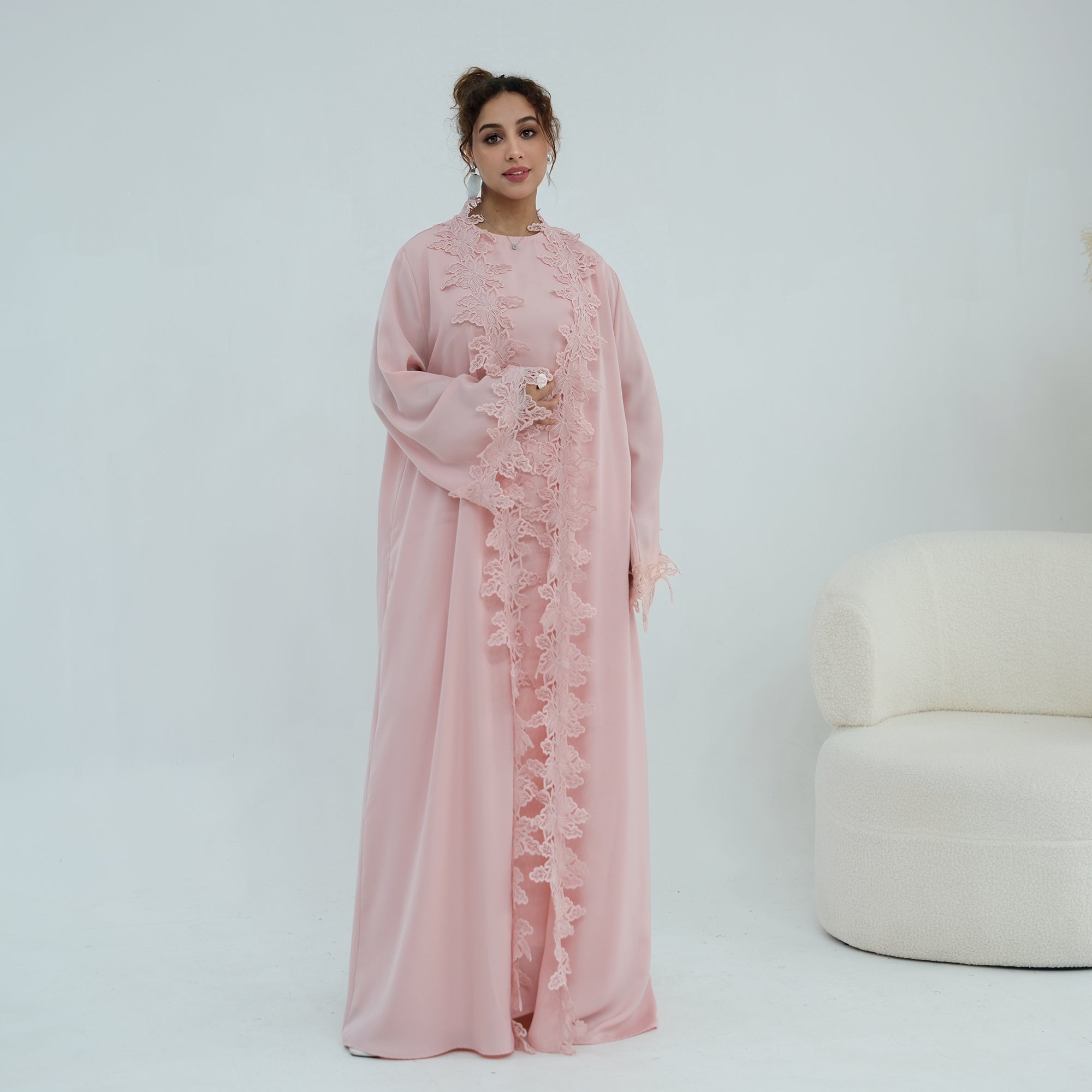 Two-piece set: large-size lace-spliced cardigan + matching dress, LR1184