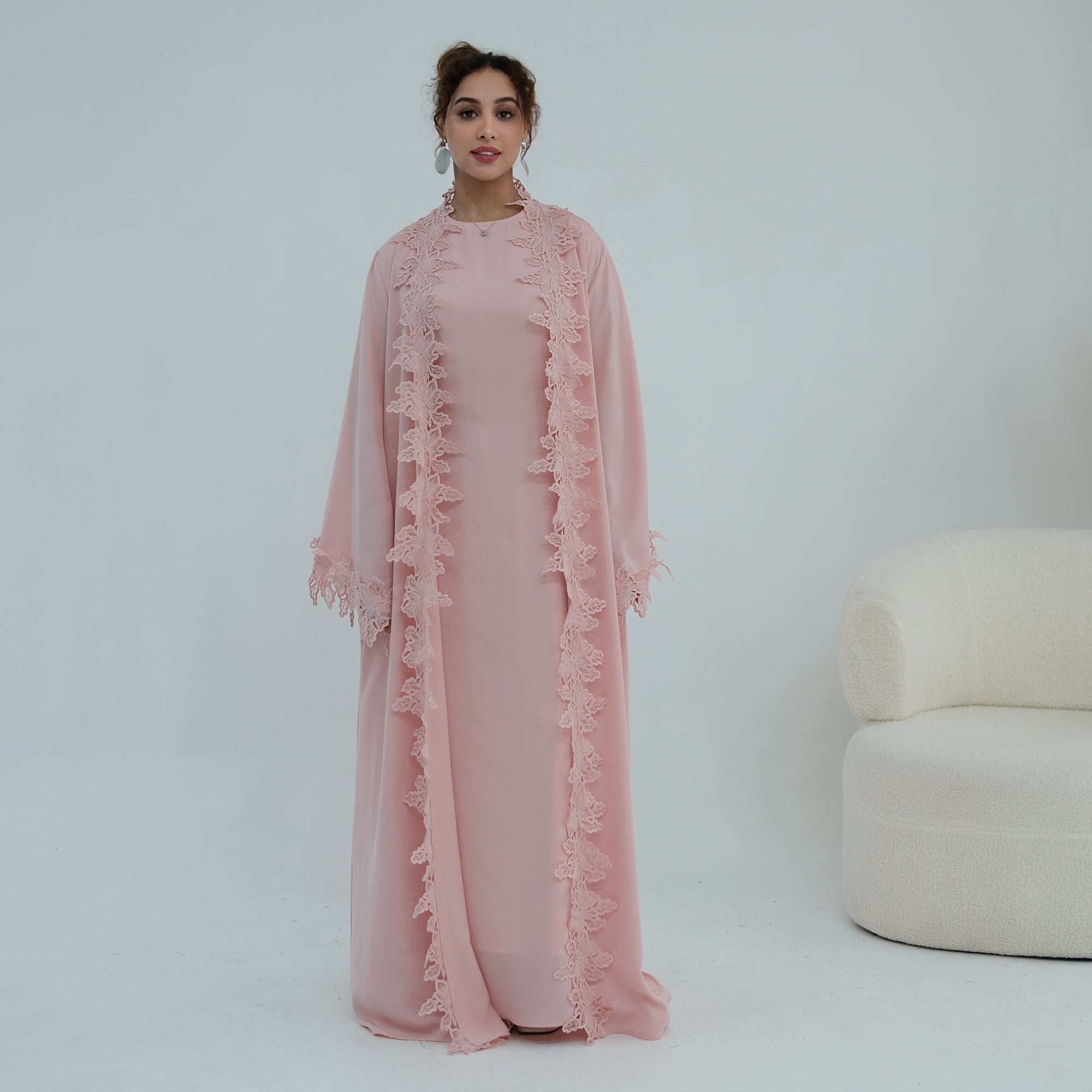 Two-piece set: large-size lace-spliced cardigan + matching dress, LR1184