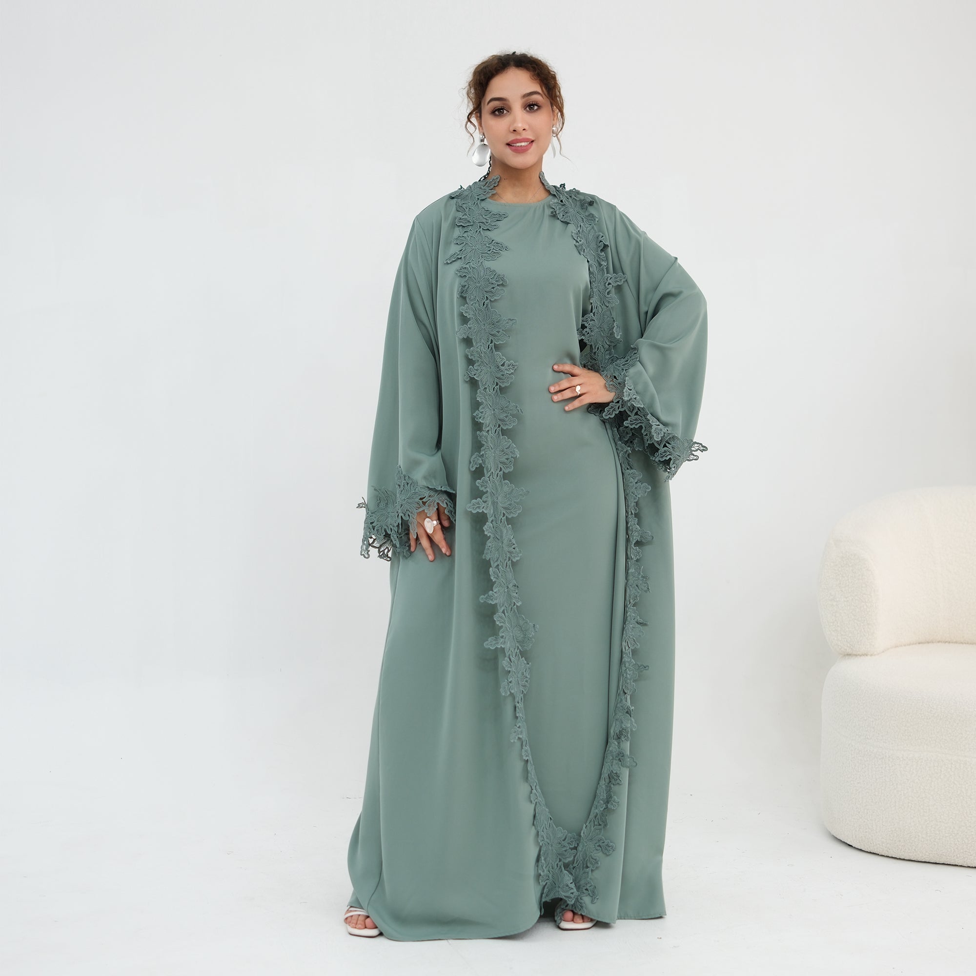 Two-piece set: large-size lace-spliced cardigan + matching dress, LR1184