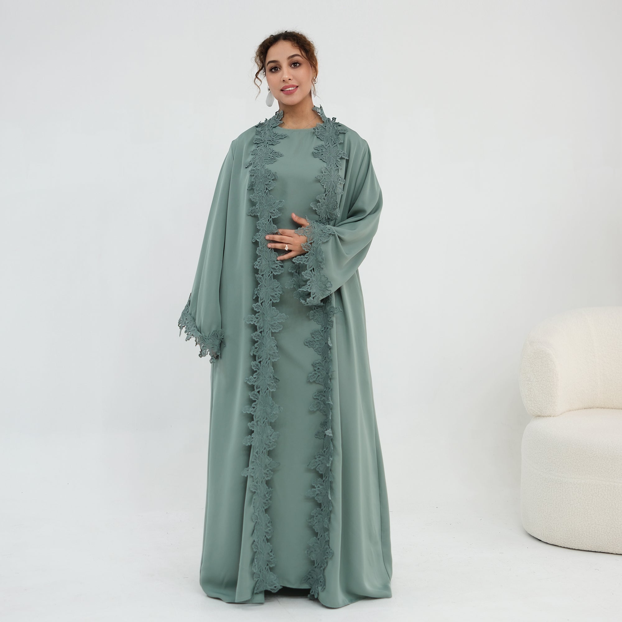 Two-piece set: large-size lace-spliced cardigan + matching dress, LR1184