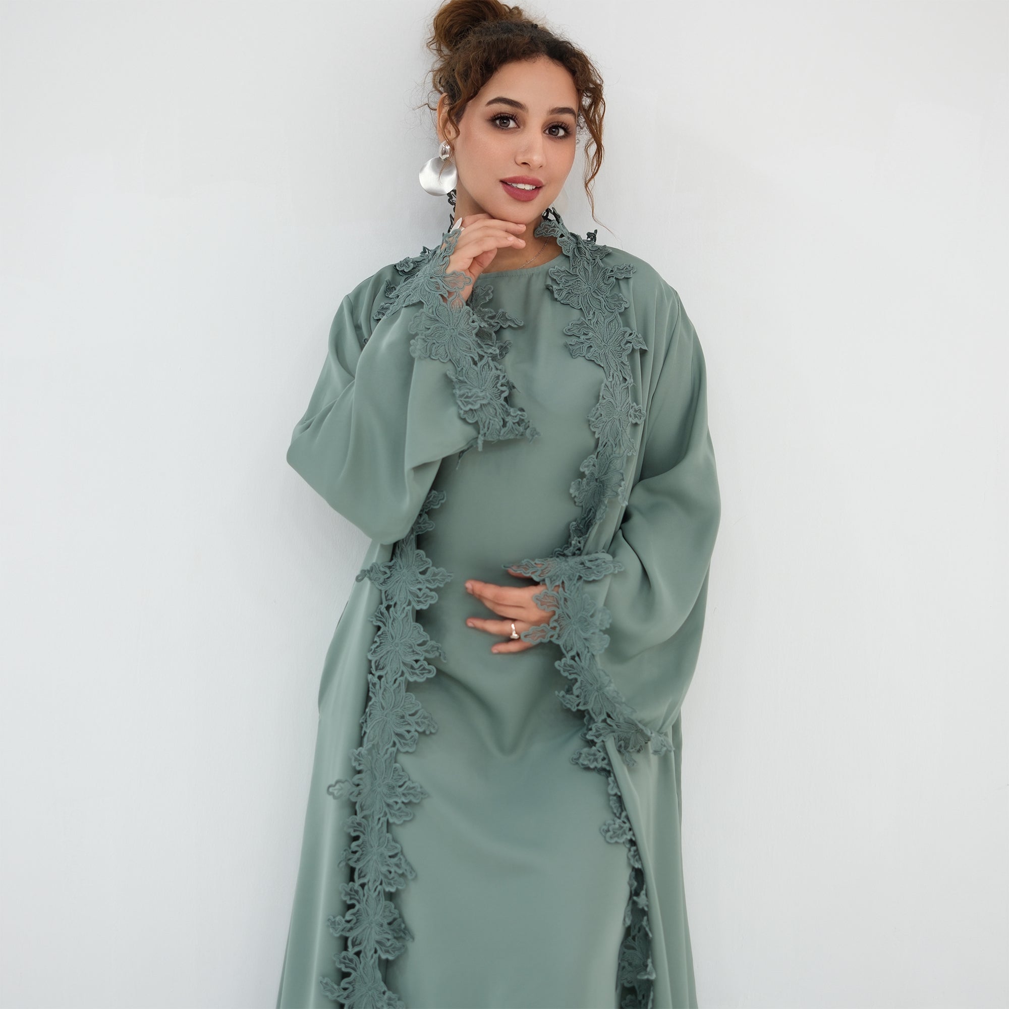 Two-piece set: large-size lace-spliced cardigan + matching dress, LR1184