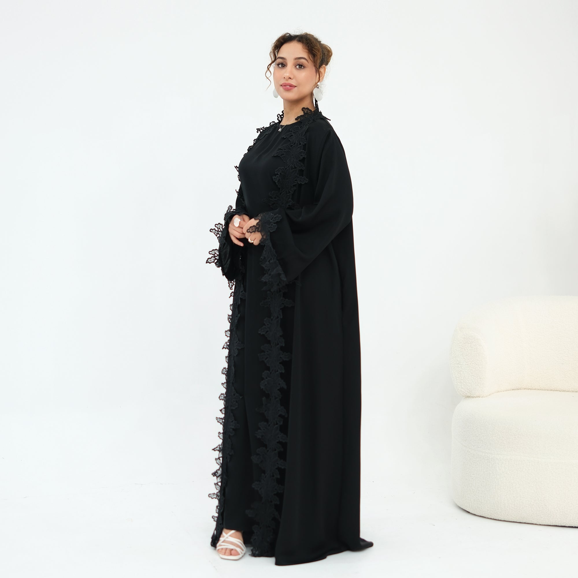 Two-piece set: large-size lace-spliced cardigan + matching dress, LR1184