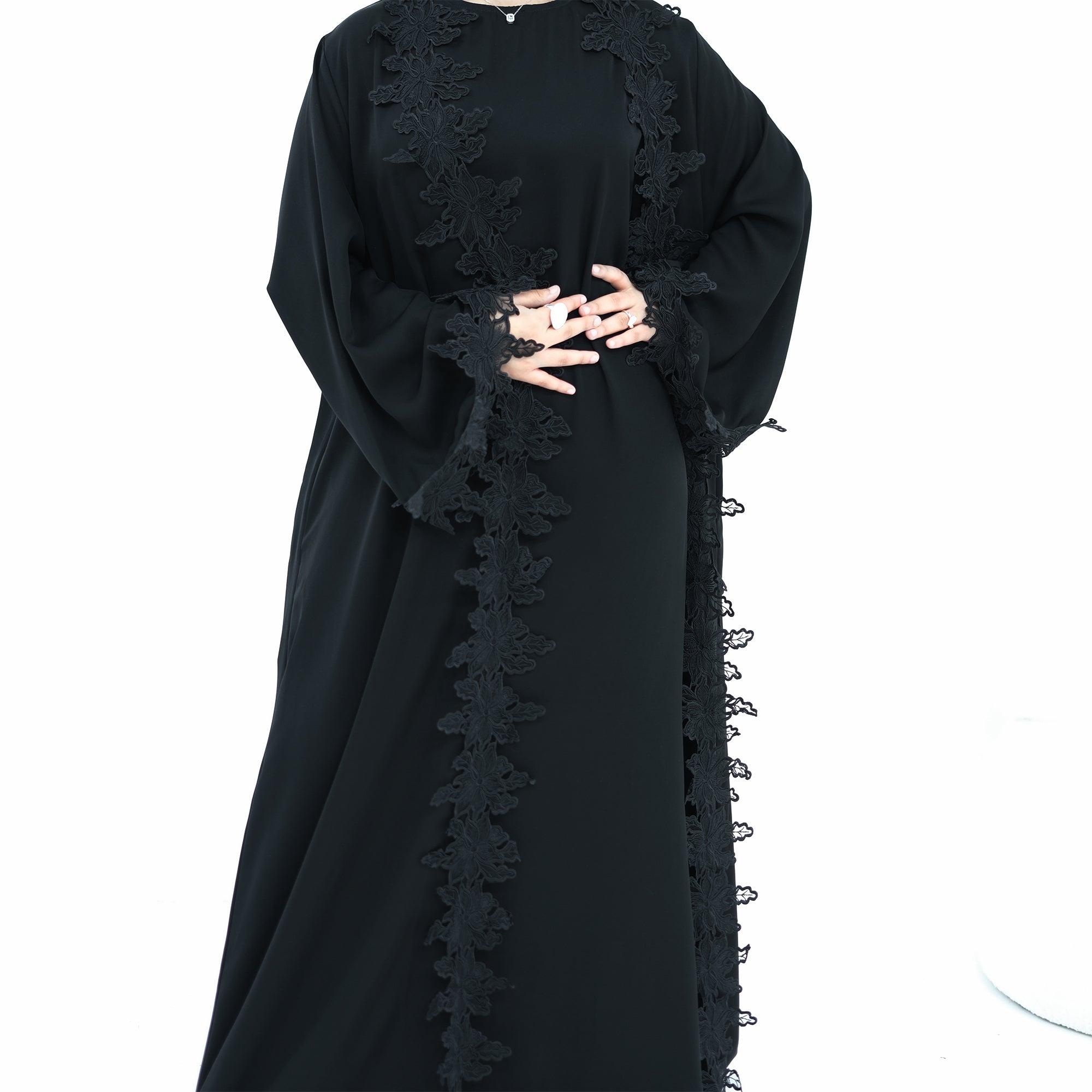 Two-piece set: large-size lace-spliced cardigan + matching dress, LR1184