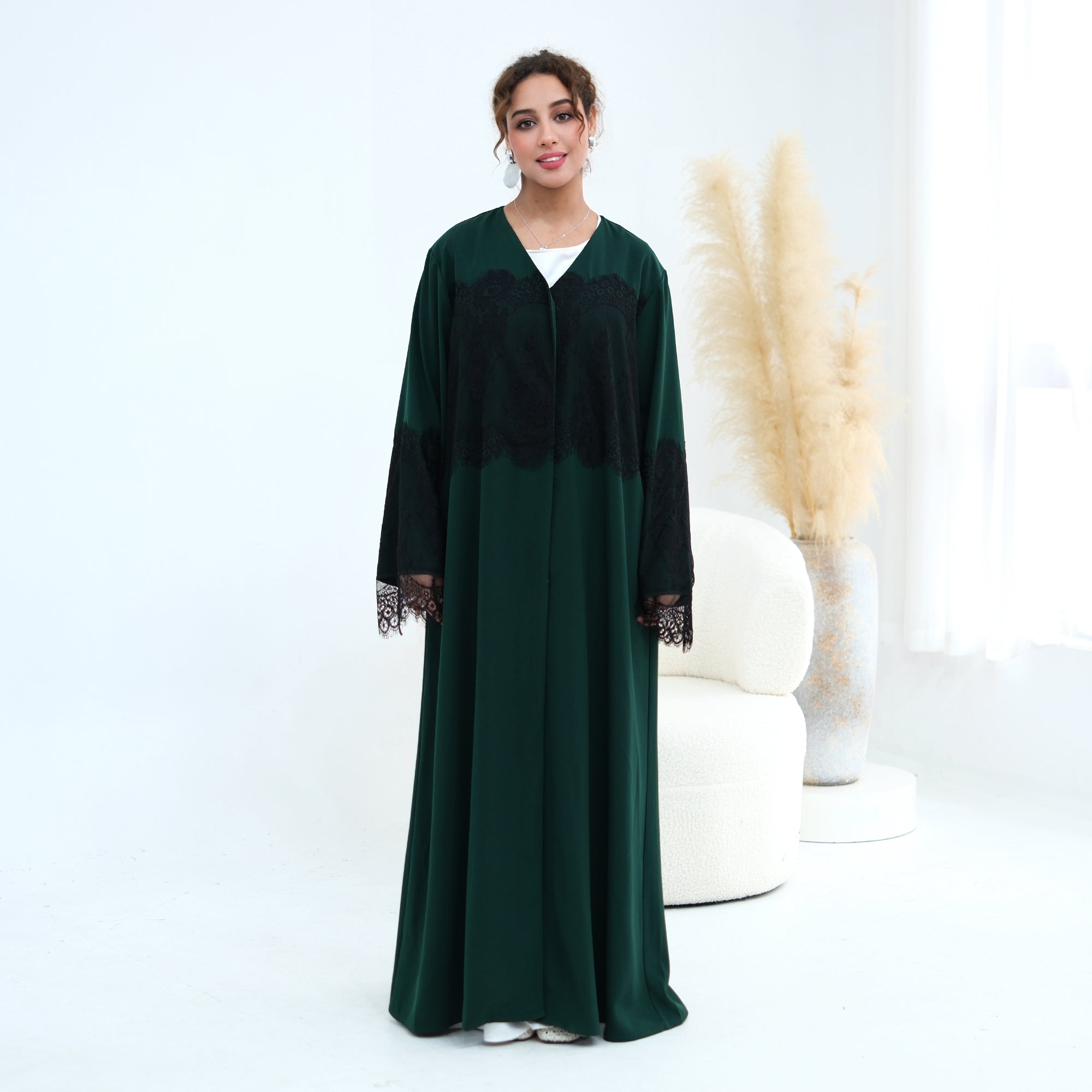 Large-size long-sleeved elegant lace-spliced cardigan 1186,Without a headscarf