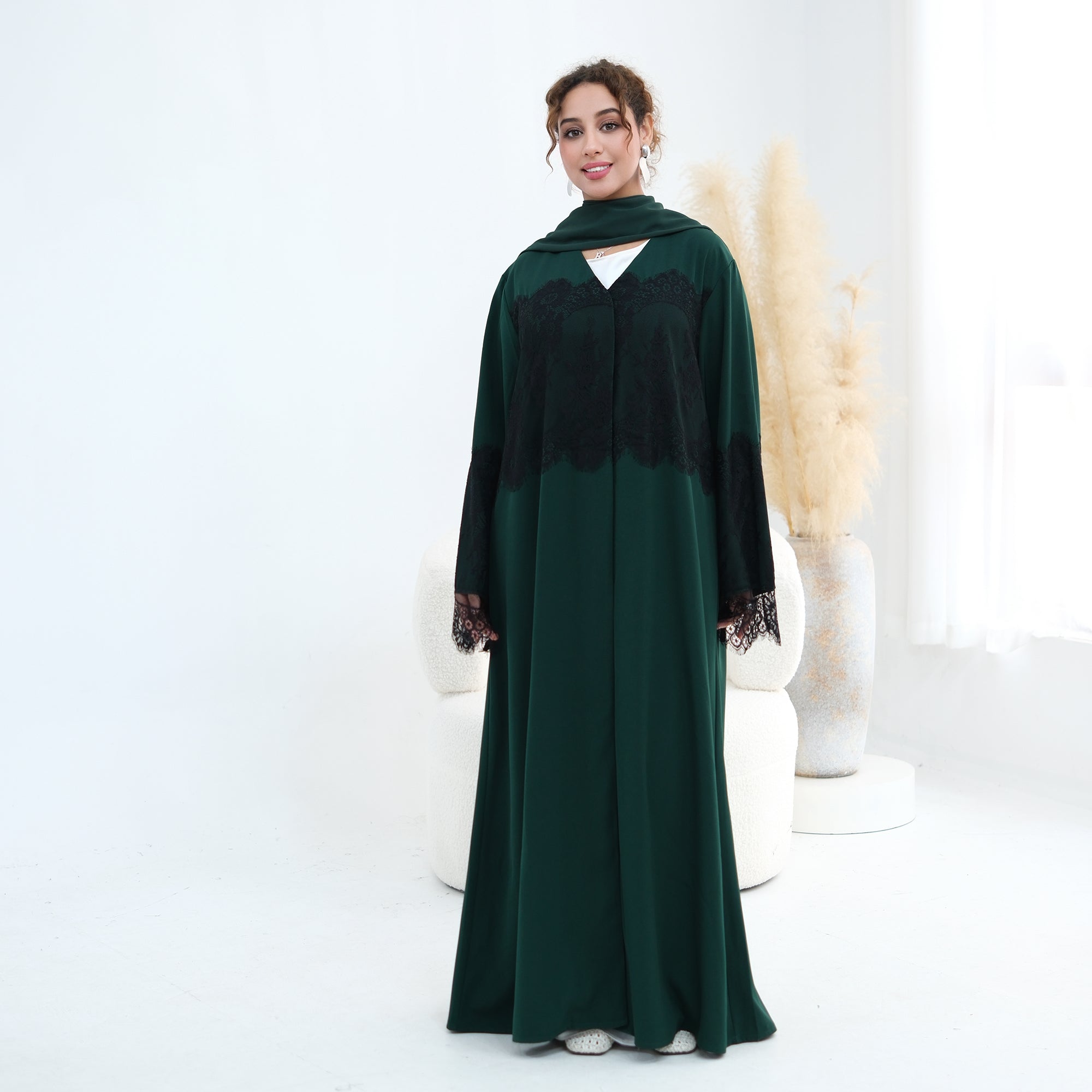 Large-size long-sleeved elegant lace-spliced cardigan 1186,Without a headscarf