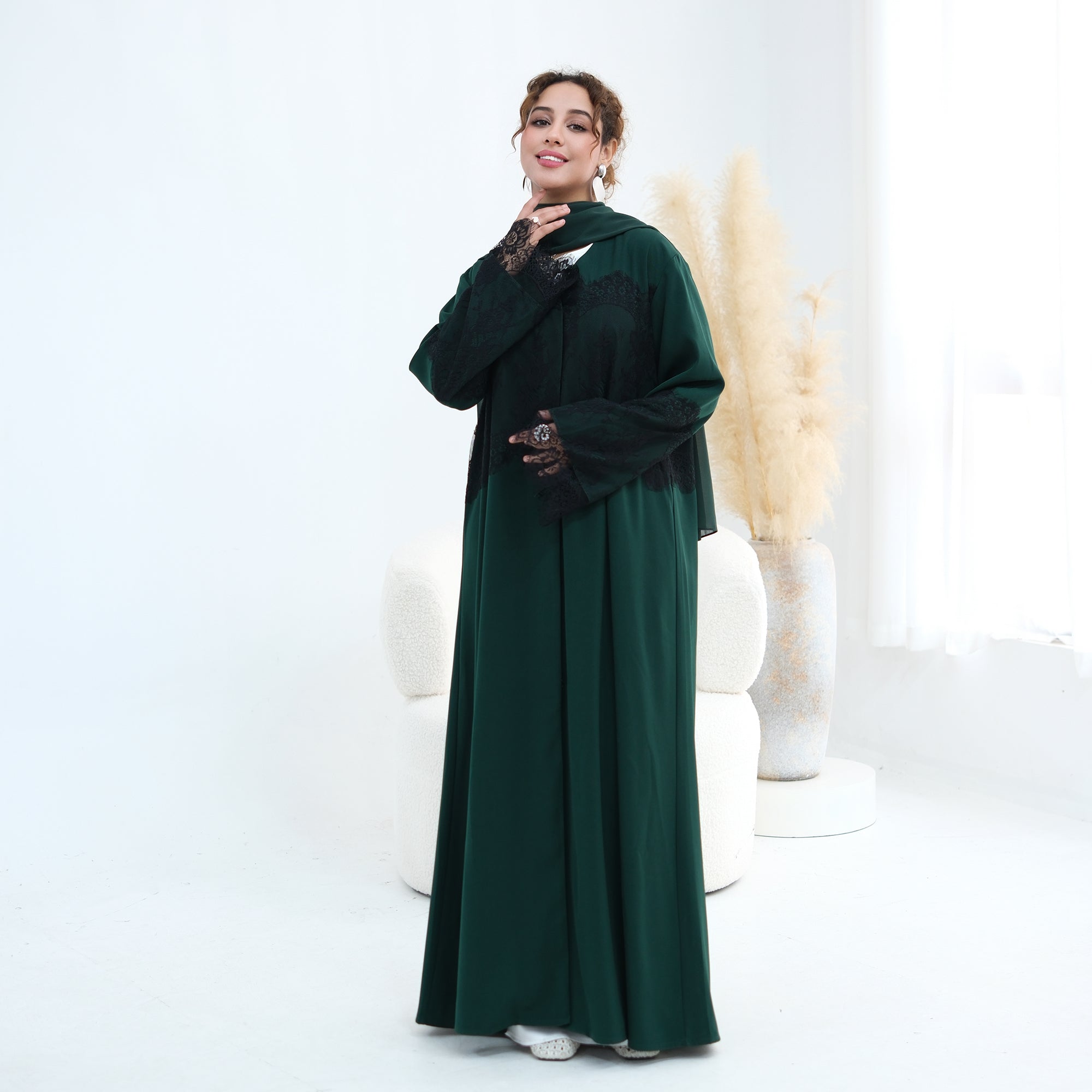 Large-size long-sleeved elegant lace-spliced cardigan 1186,Without a headscarf
