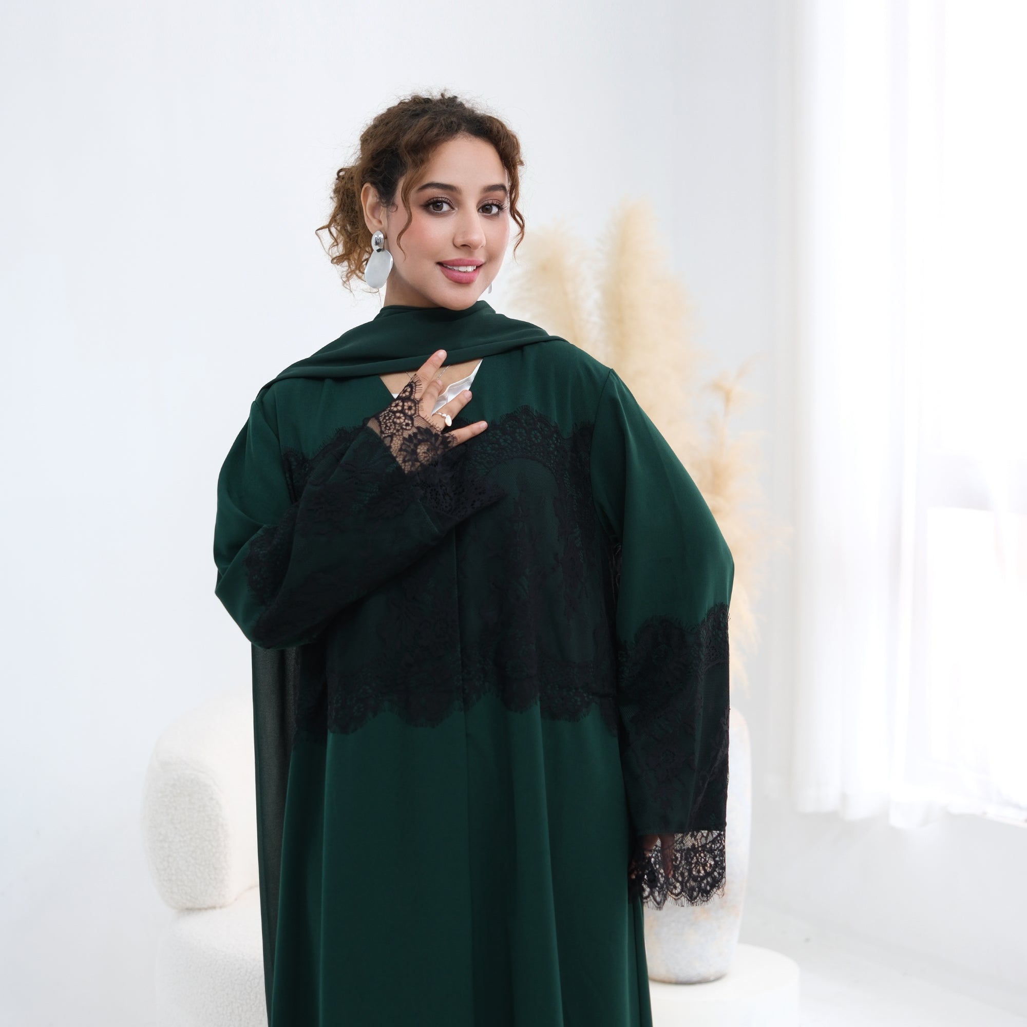 Large-size long-sleeved elegant lace-spliced cardigan 1186,Without a headscarf