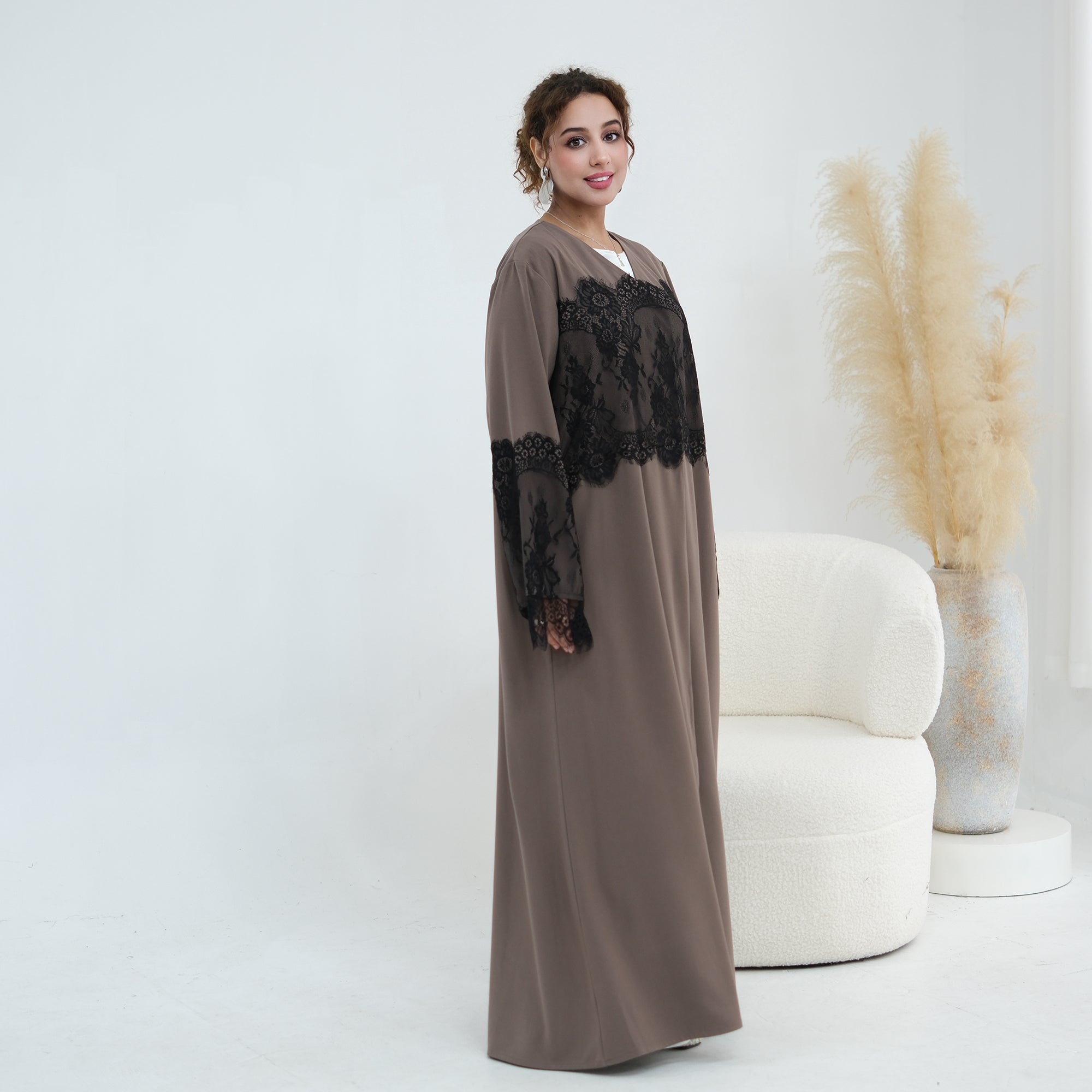 Large-size long-sleeved elegant lace-spliced cardigan 1186,Without a headscarf