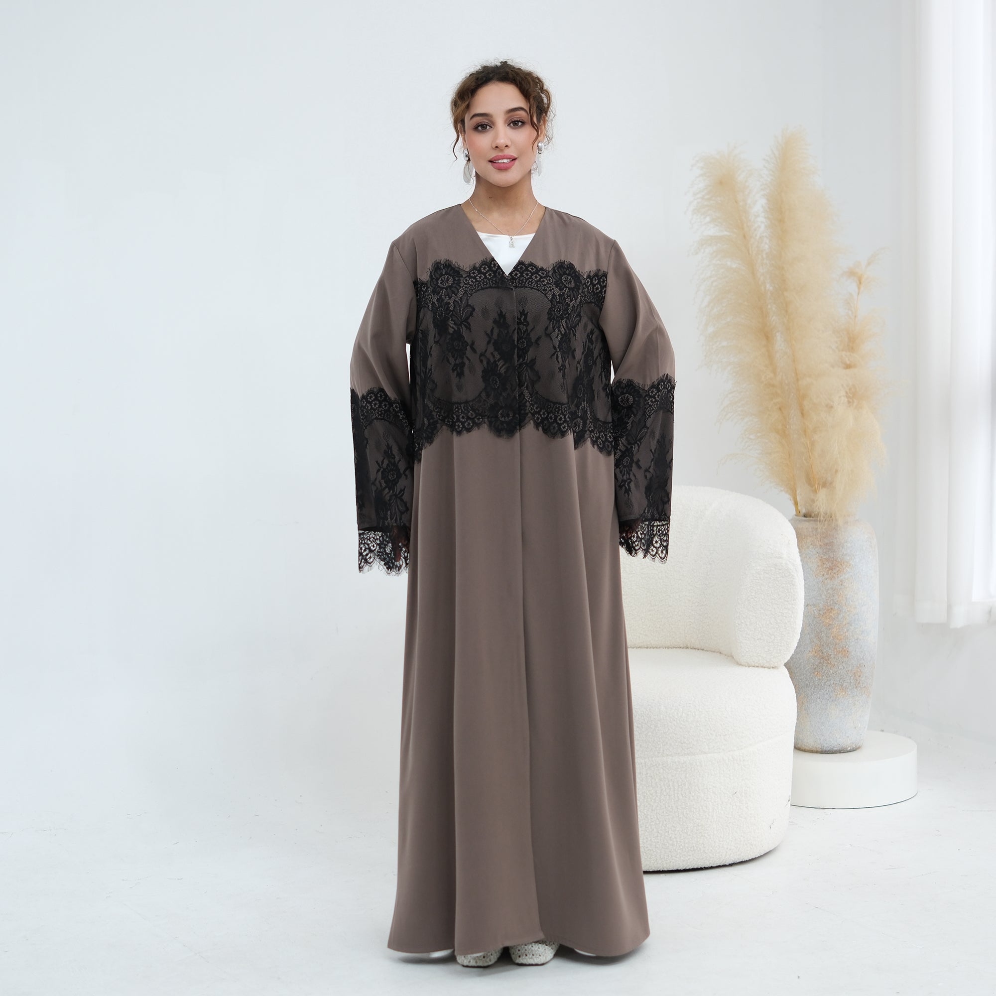 Large-size long-sleeved elegant lace-spliced cardigan 1186,Without a headscarf