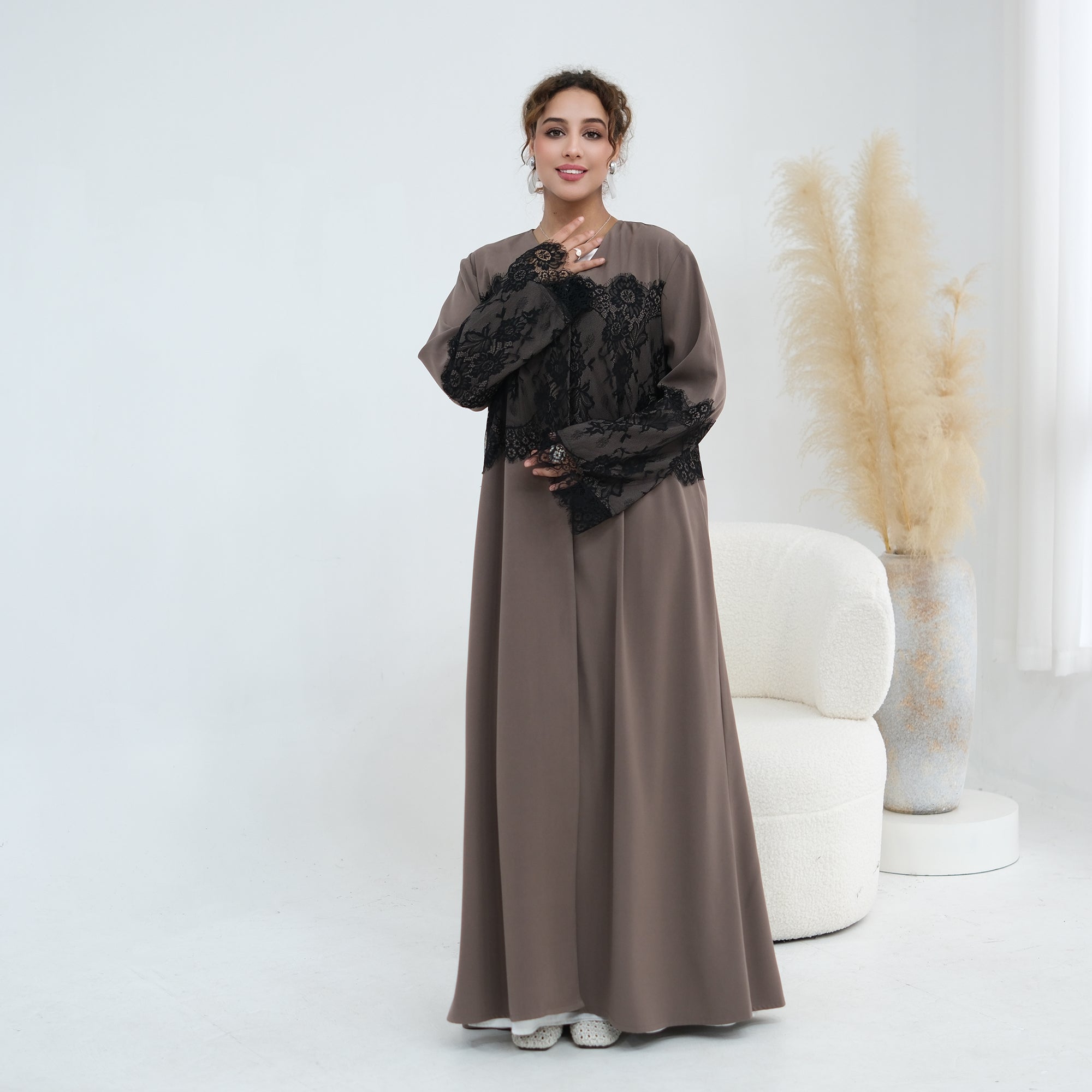 Large-size long-sleeved elegant lace-spliced cardigan 1186,Without a headscarf