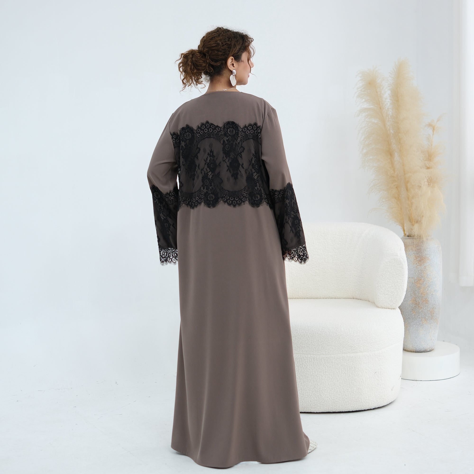 Large-size long-sleeved elegant lace-spliced cardigan 1186,Without a headscarf
