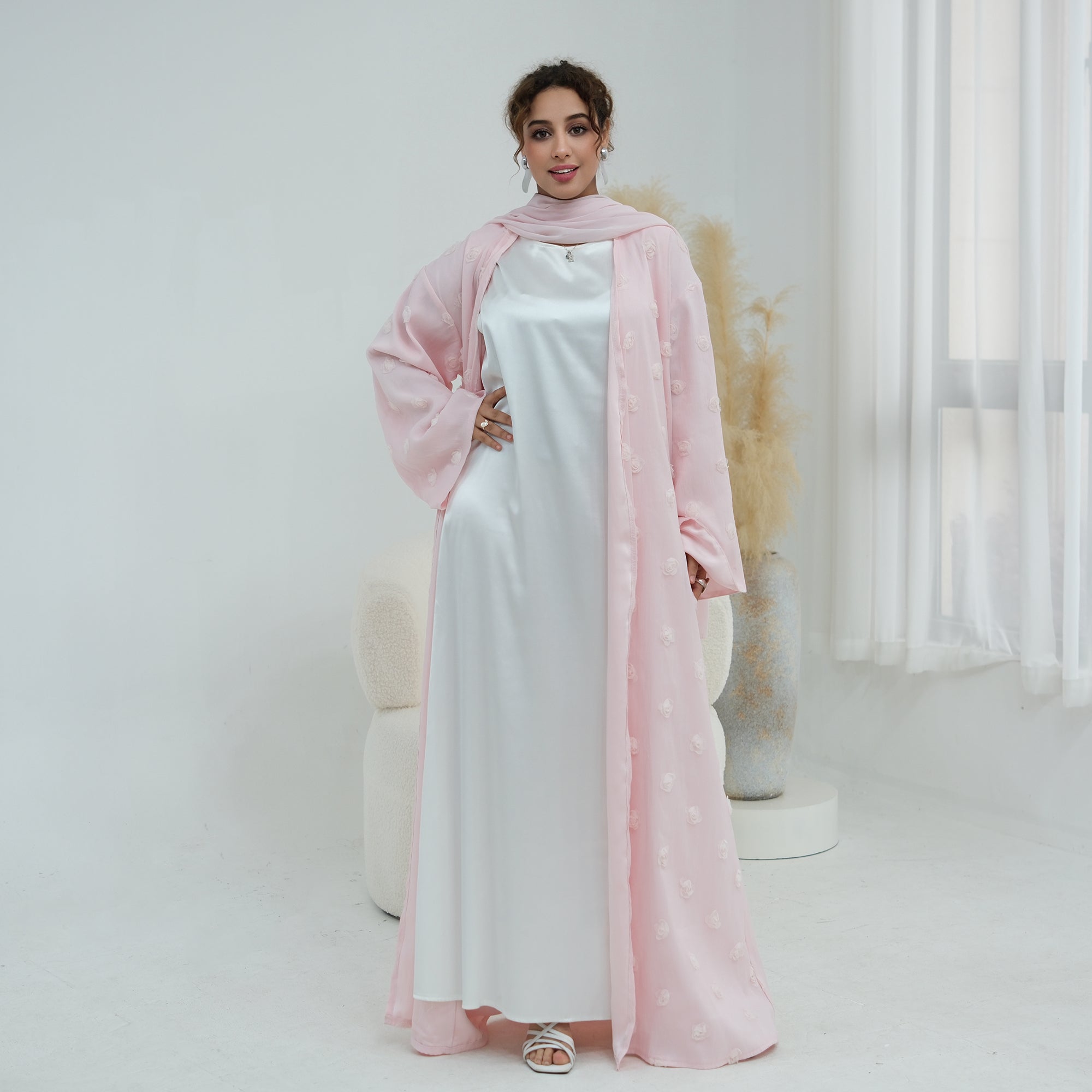 Large size three-dimensional flower decoration double-layer cardigan + scarf two-piece set LR1187
