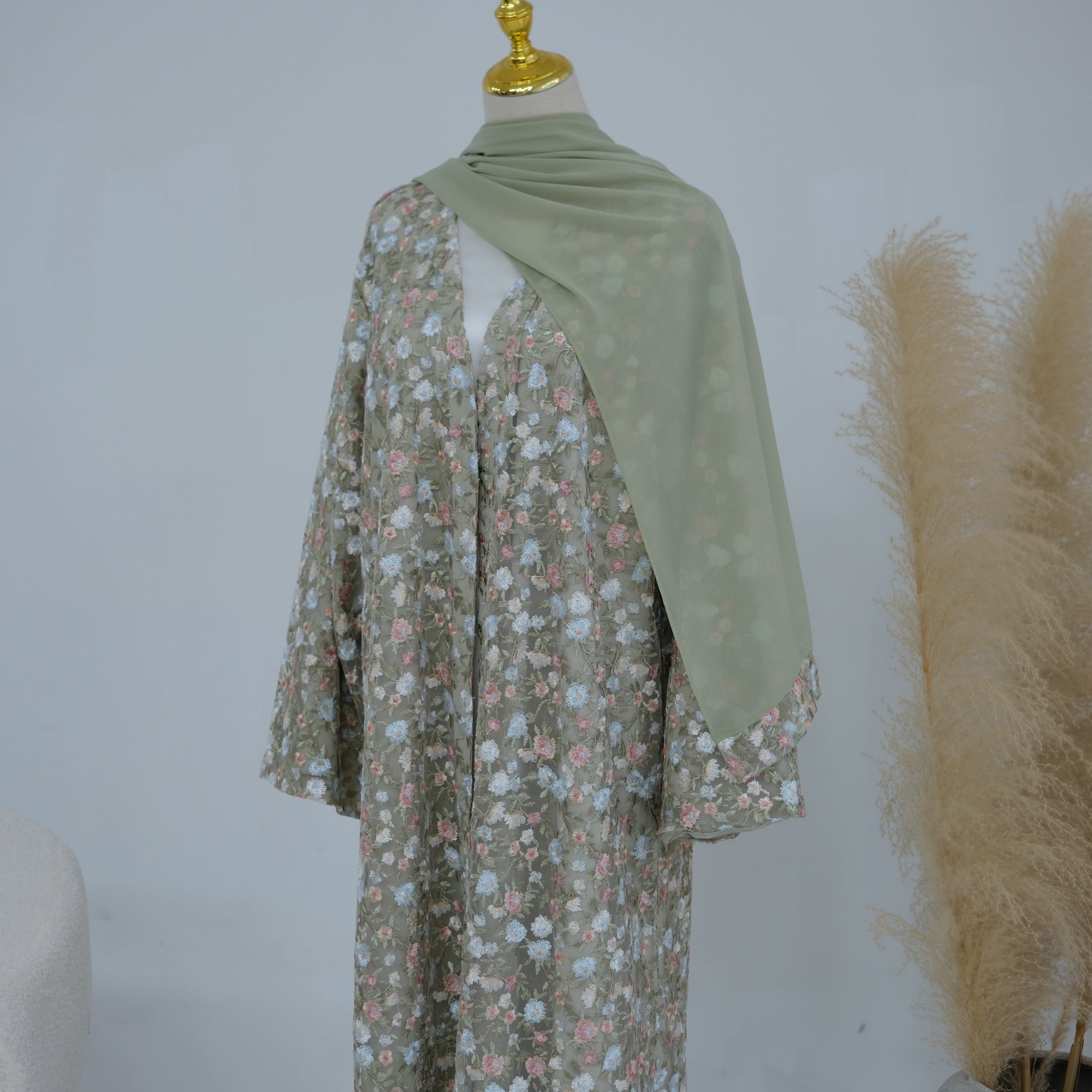 Large-size full-body floral embroidery double-layer cardigan + scarf LR1188