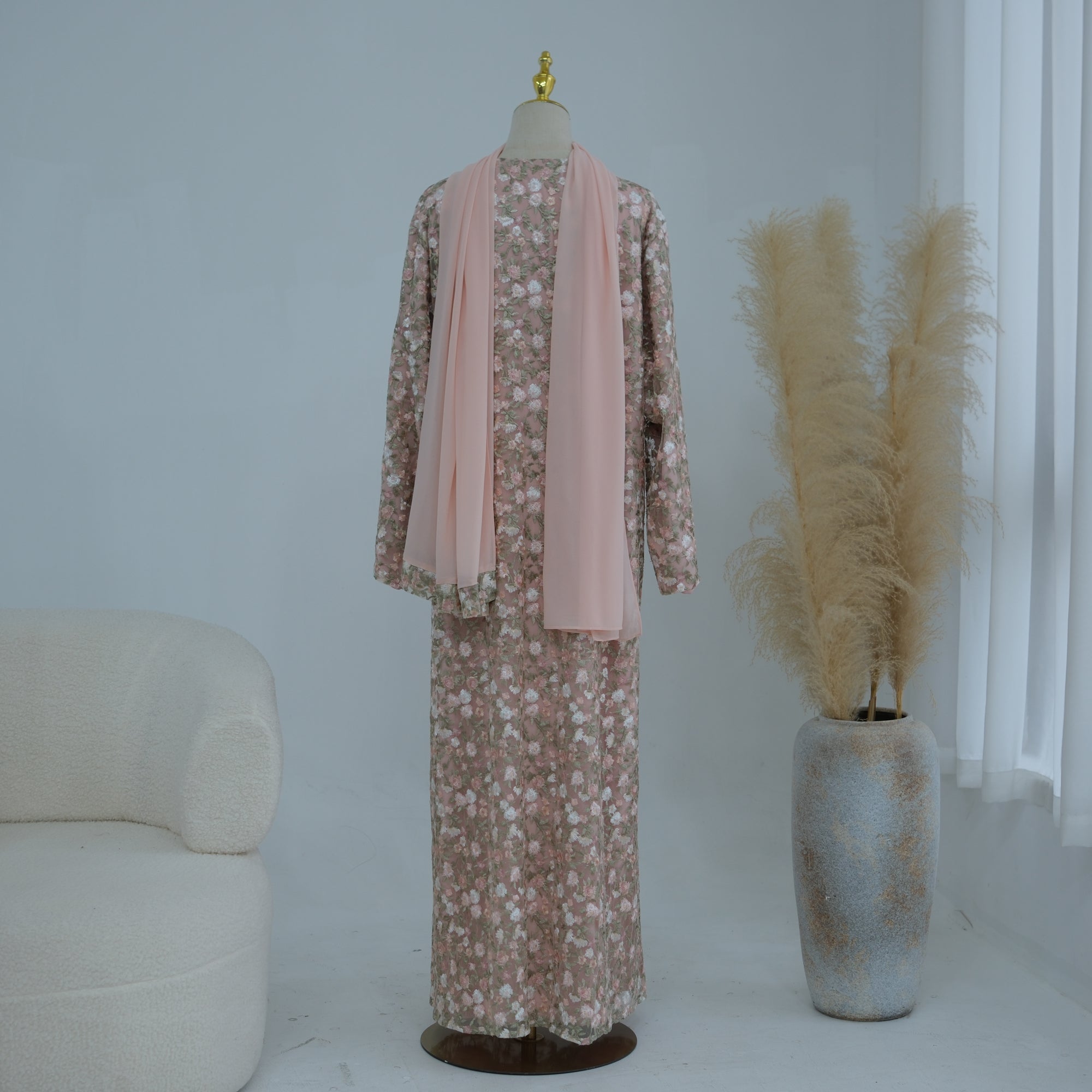 Large-size full-body floral embroidery double-layer cardigan + scarf LR1188