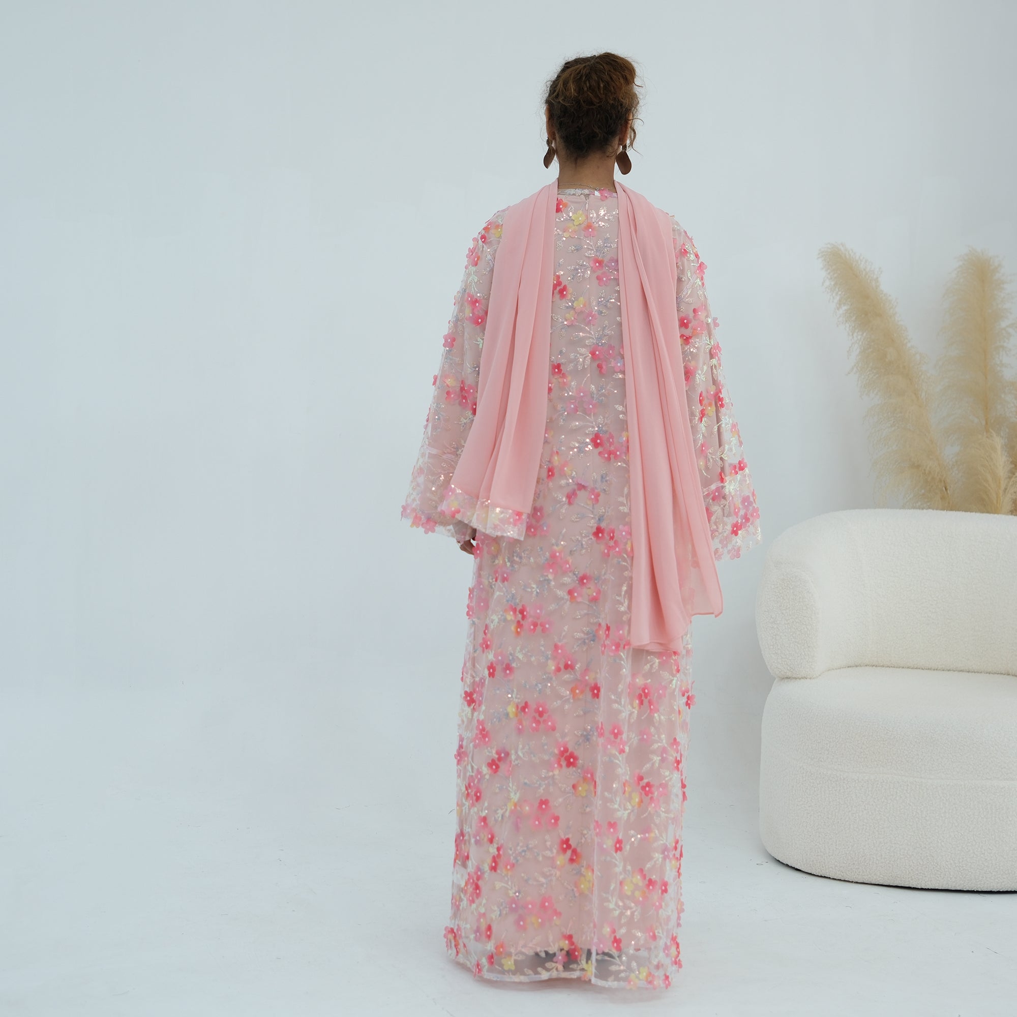 Large-size three-piece set with three-dimensional flower patchwork cardigan and head scarf for inner wear LR1189