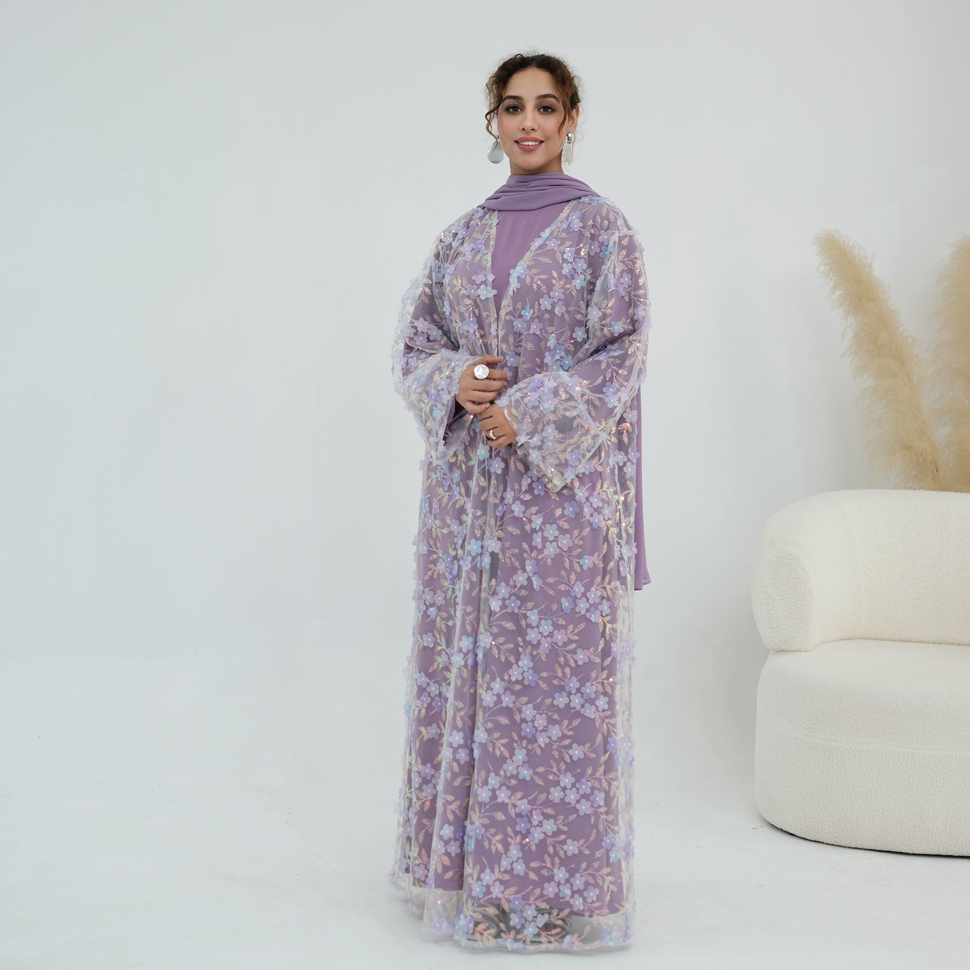 Large-size three-piece set with three-dimensional flower patchwork cardigan and head scarf for inner wear LR1189