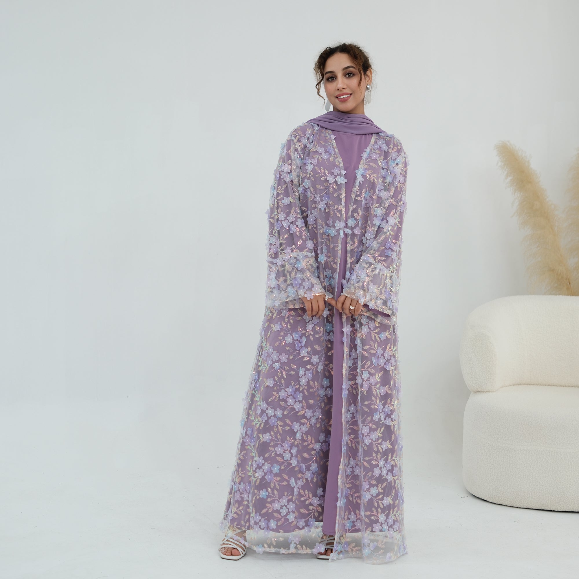 Large-size three-piece set with three-dimensional flower patchwork cardigan and head scarf for inner wear LR1189