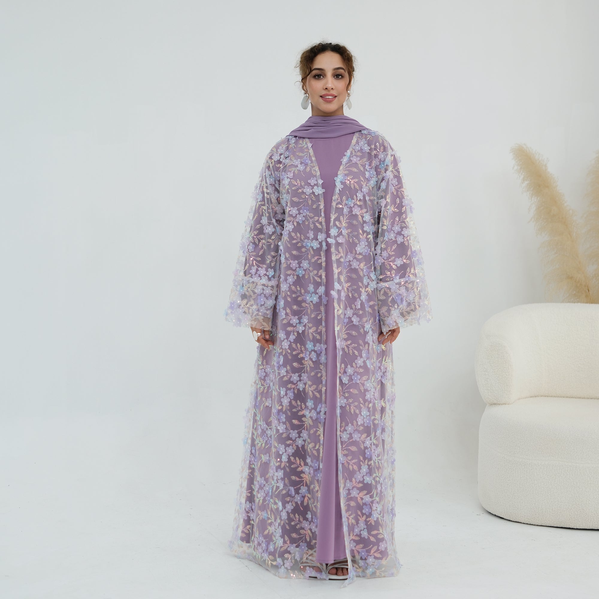 Large-size three-piece set with three-dimensional flower patchwork cardigan and head scarf for inner wear LR1189