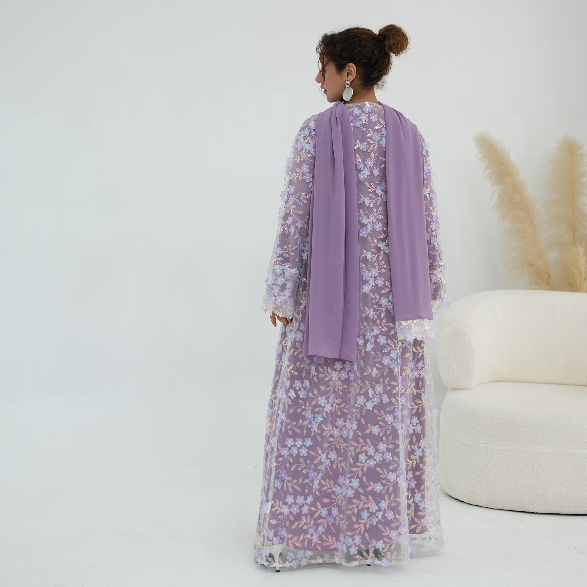 Large-size three-piece set with three-dimensional flower patchwork cardigan and head scarf for inner wear LR1189