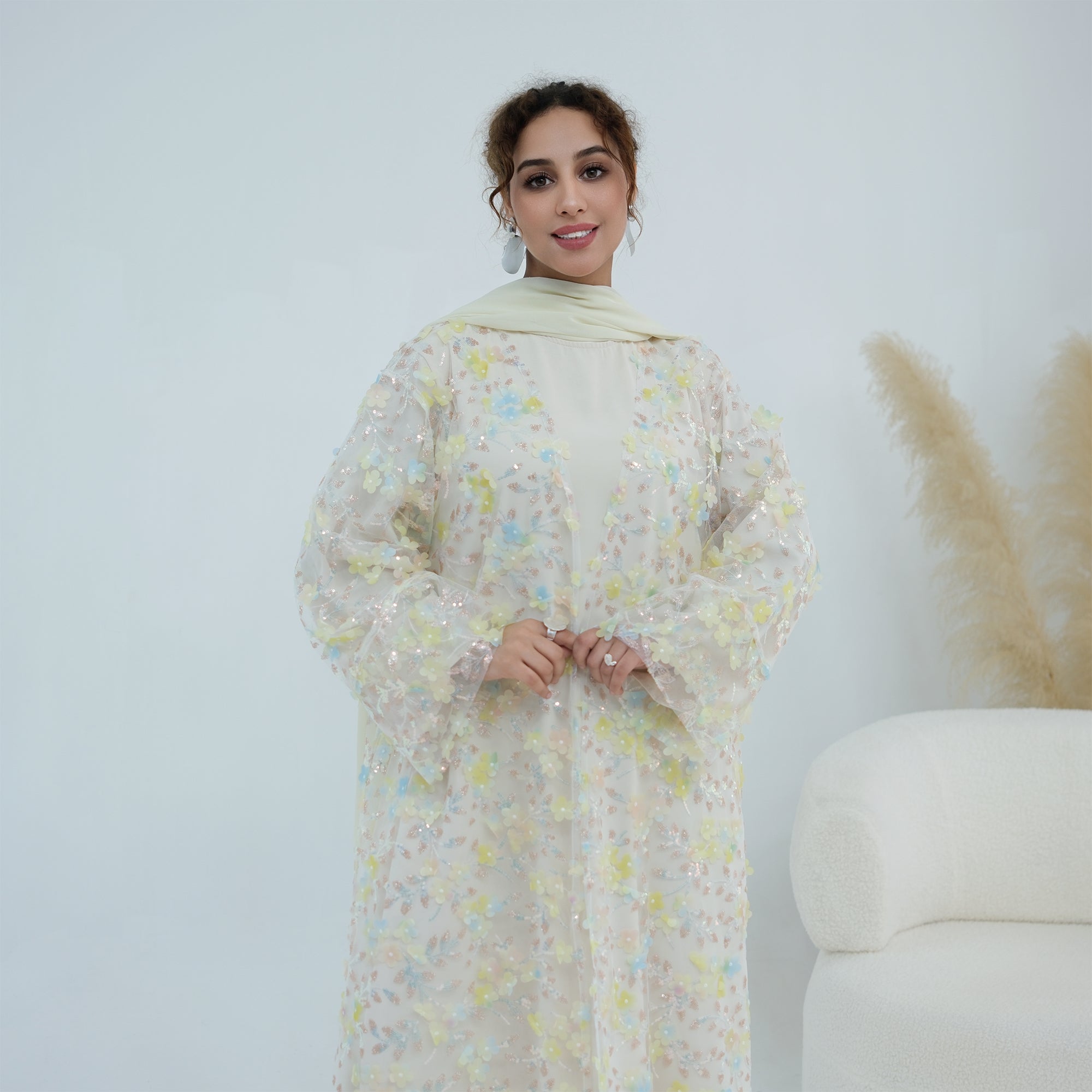Large-size three-piece set with three-dimensional flower patchwork cardigan and head scarf for inner wear LR1189
