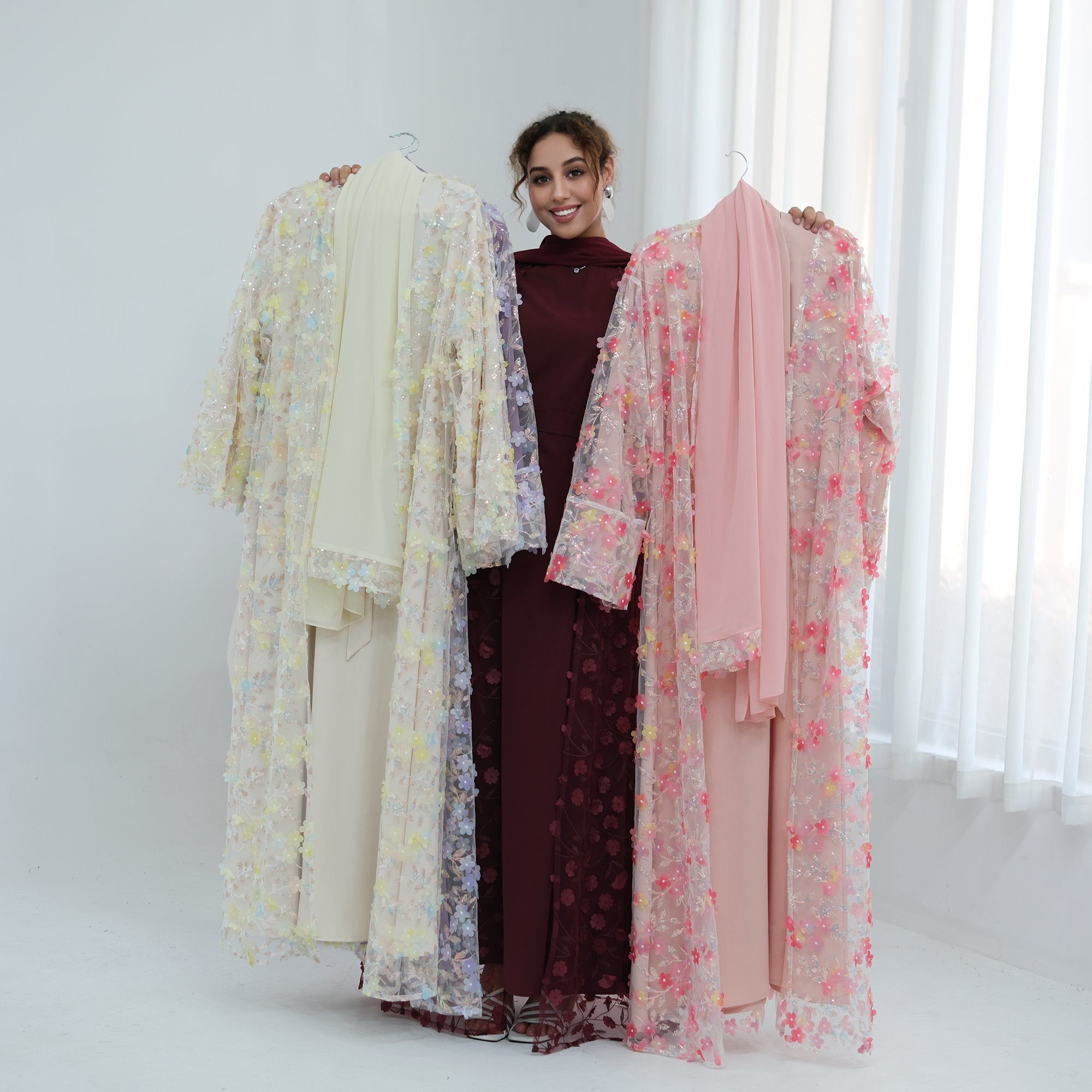 Large-size three-piece set with three-dimensional flower patchwork cardigan and head scarf for inner wear LR1189
