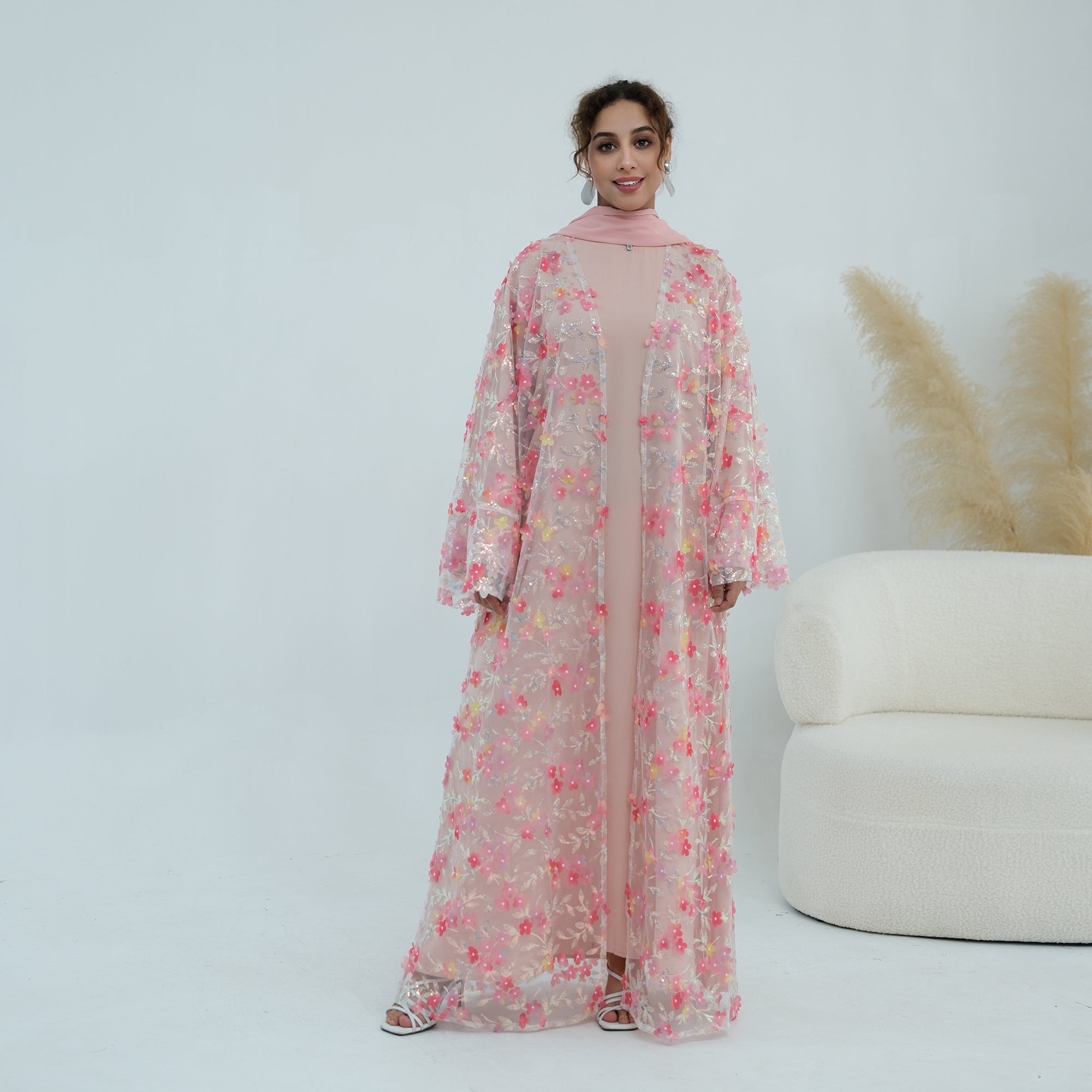 Large-size three-piece set with three-dimensional flower patchwork cardigan and head scarf for inner wear LR1189
