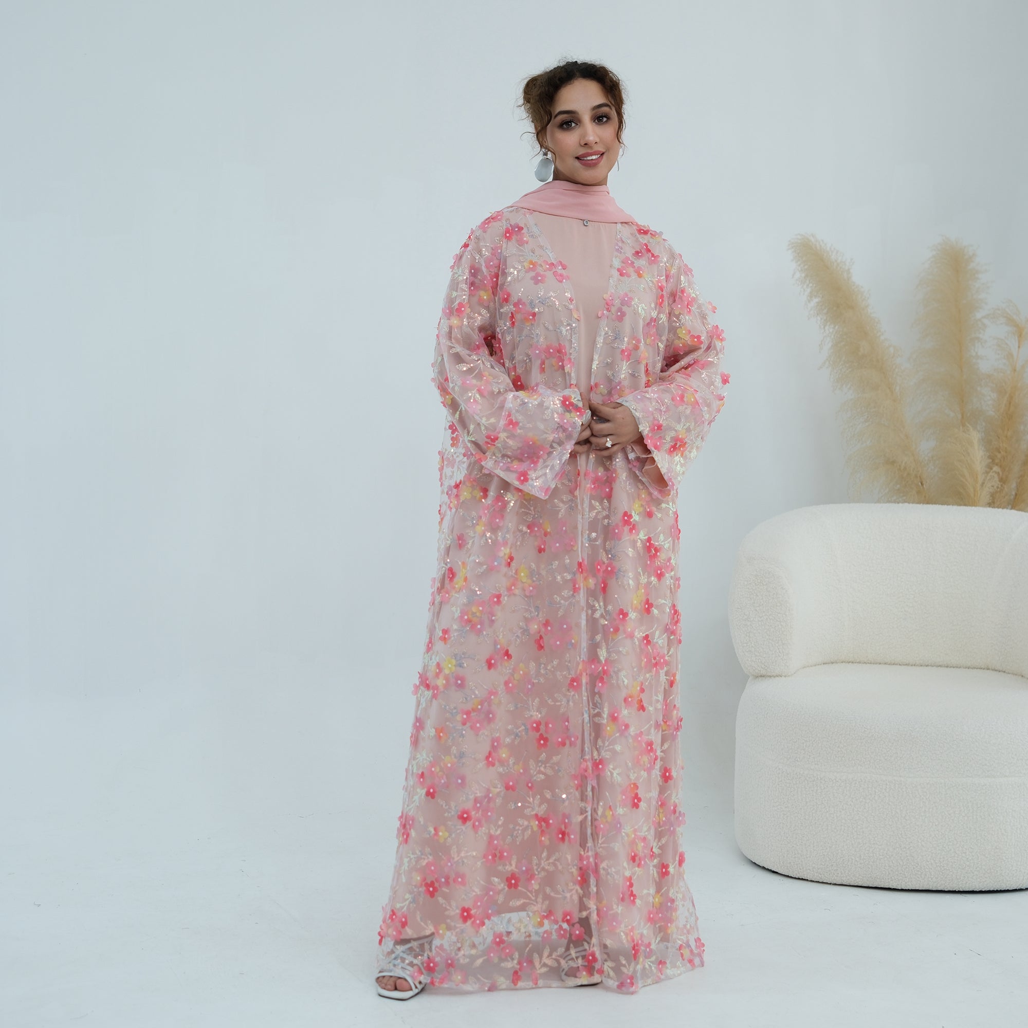Large-size three-piece set with three-dimensional flower patchwork cardigan and head scarf for inner wear LR1189